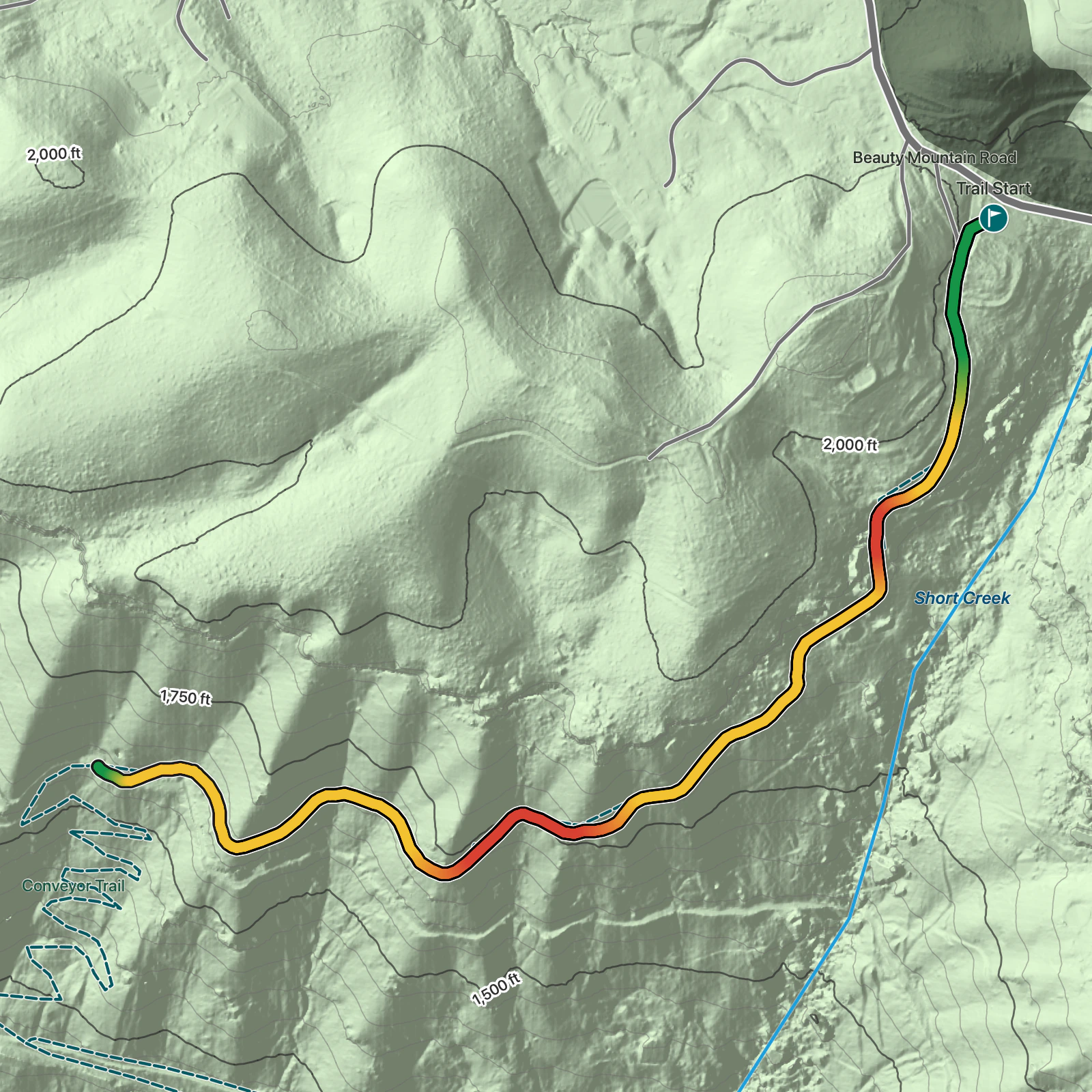 Terrain map of Headhouse Trail in New River Gorge National Park and Preserve
