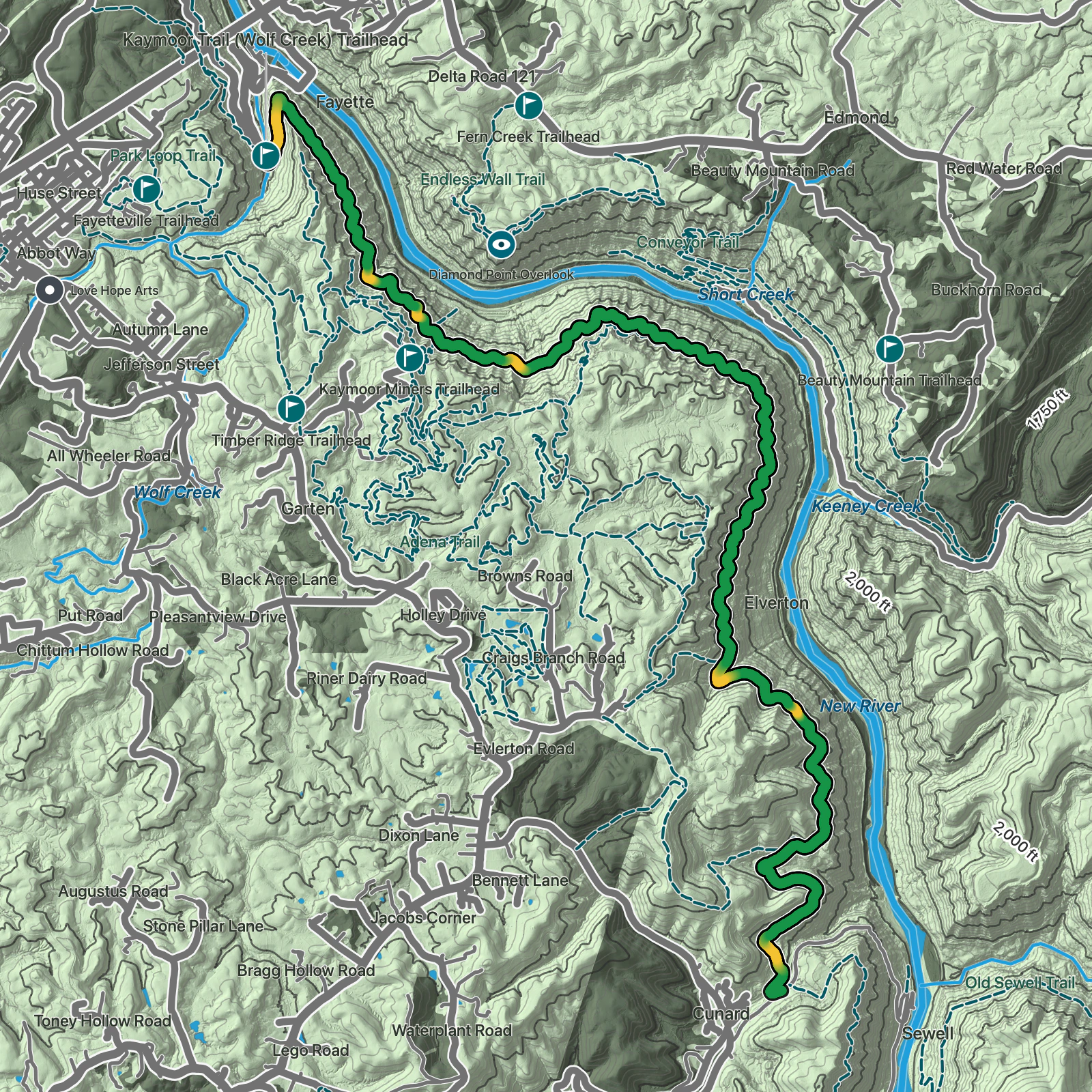 Terrain map of Kaymoor Trail in New River Gorge National Park and Preserve