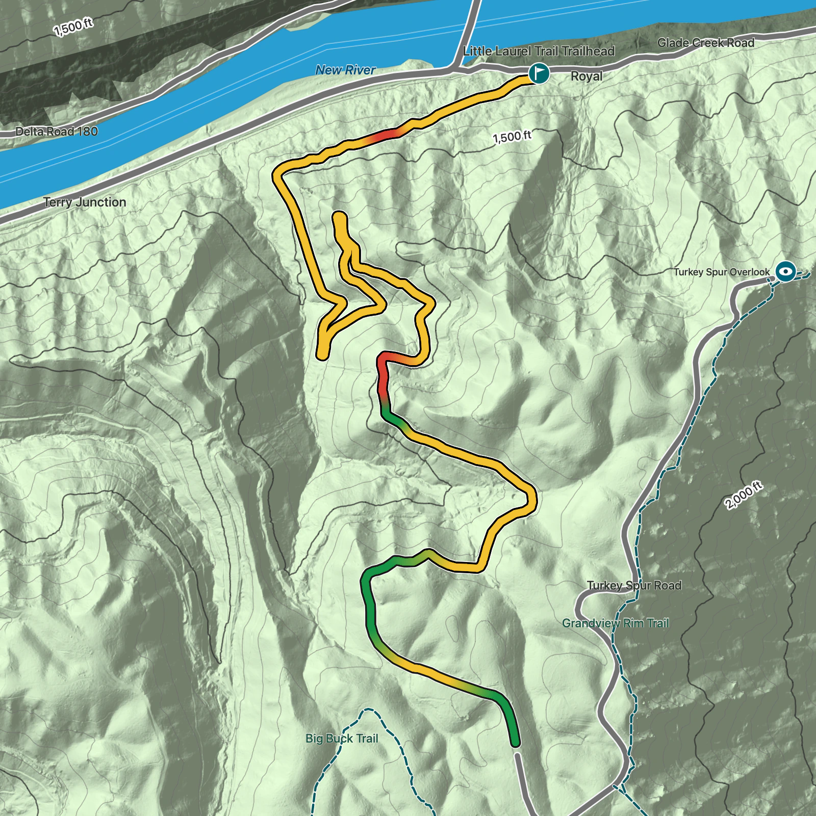Terrain map of Little Laurel Trail in New River Gorge National Park and Preserve