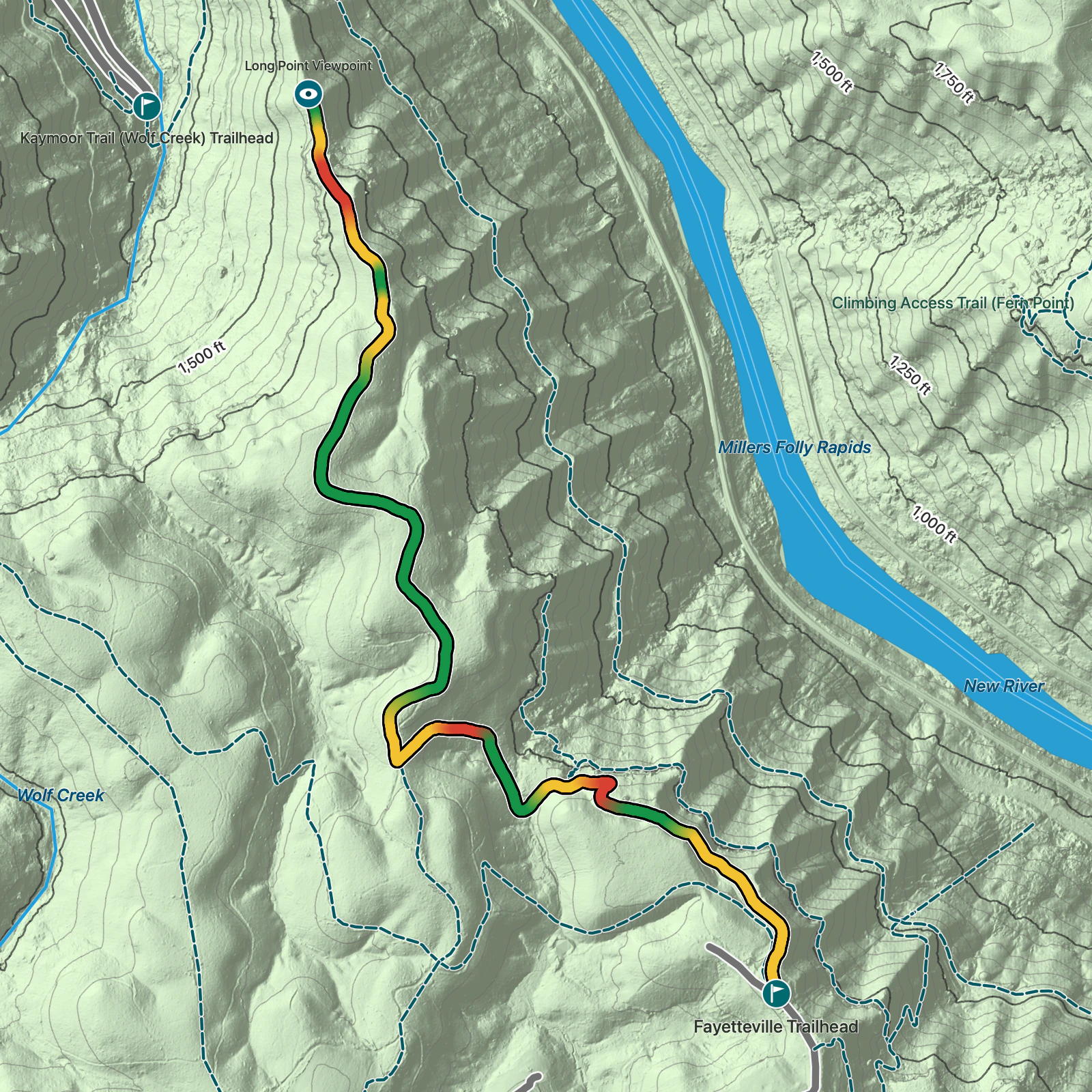 Terrain map of Long Point via Butcher Branch Trail in New River Gorge National Park and Preserve