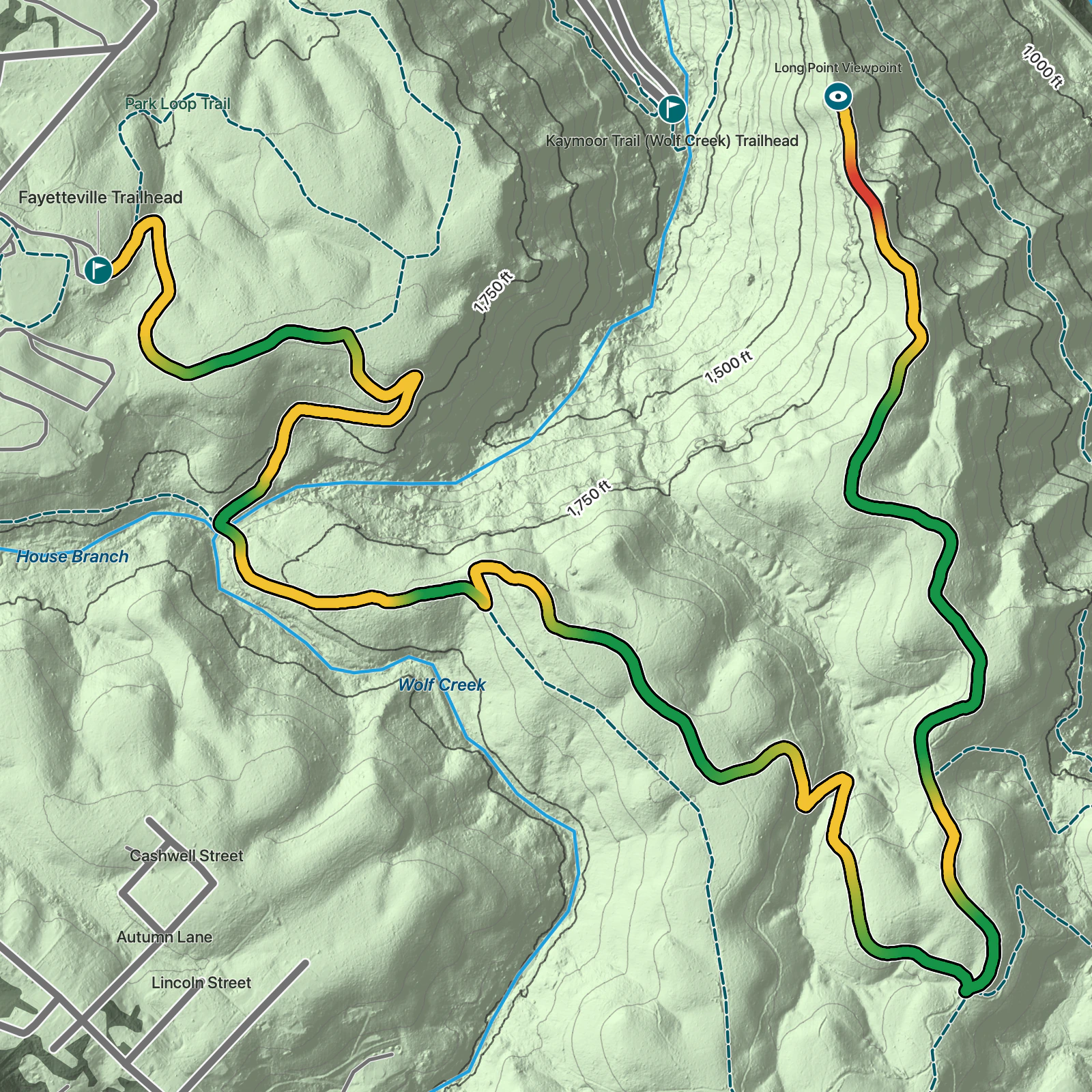 Terrain map of Long Point via Fayetteville Trail in New River Gorge National Park and Preserve