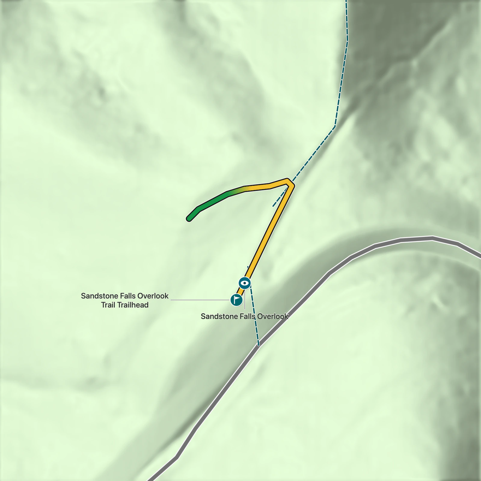 Terrain map of Sandstone Falls Overlook Trail in New River Gorge National Park and Preserve