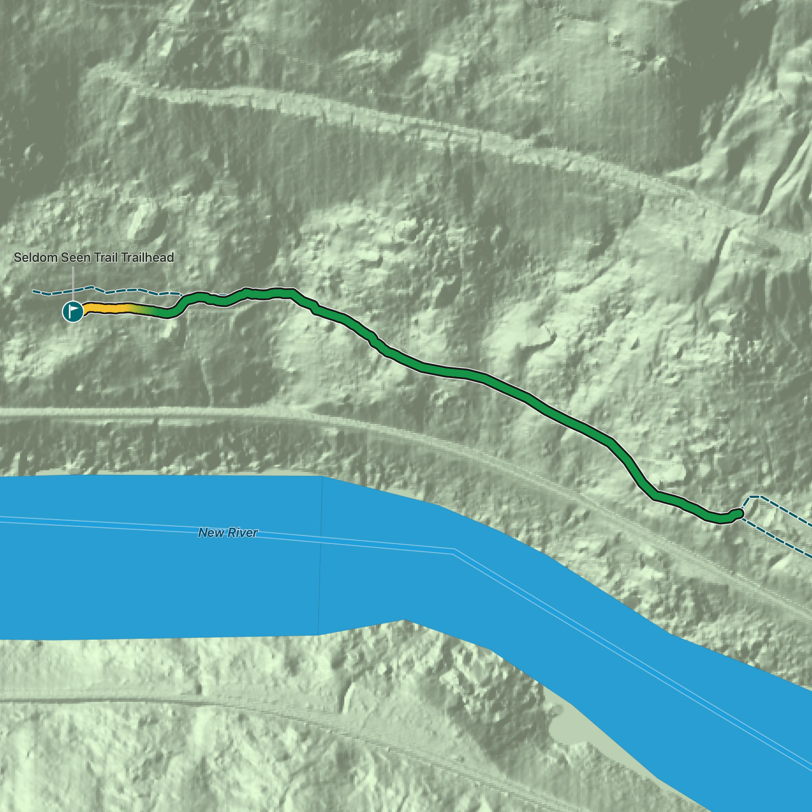 Terrain map of Seldom Seen Trail in New River Gorge National Park and Preserve