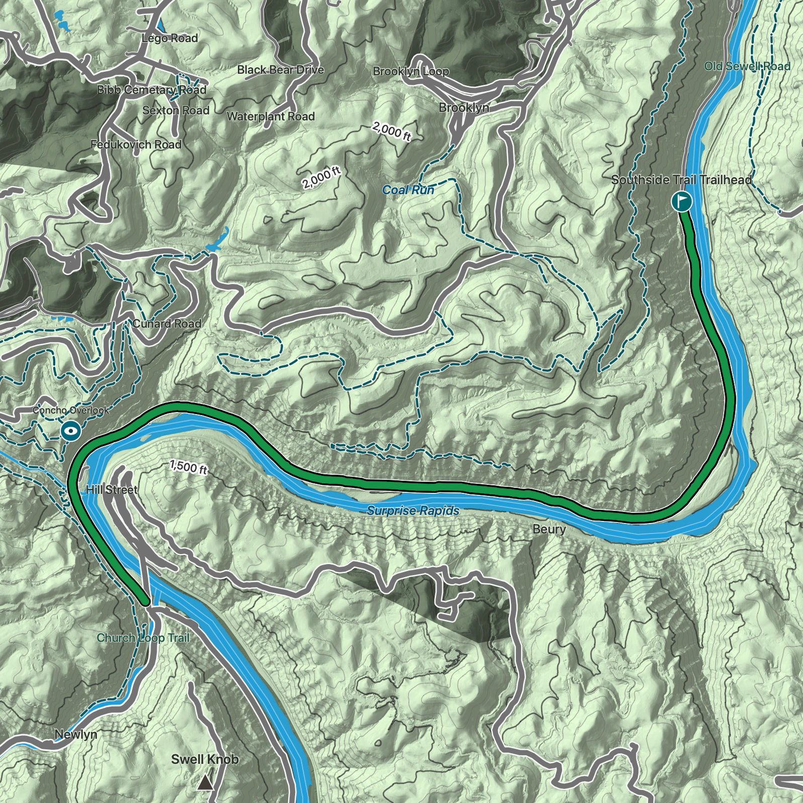 Terrain map of Southside Trail in New River Gorge National Park and Preserve
