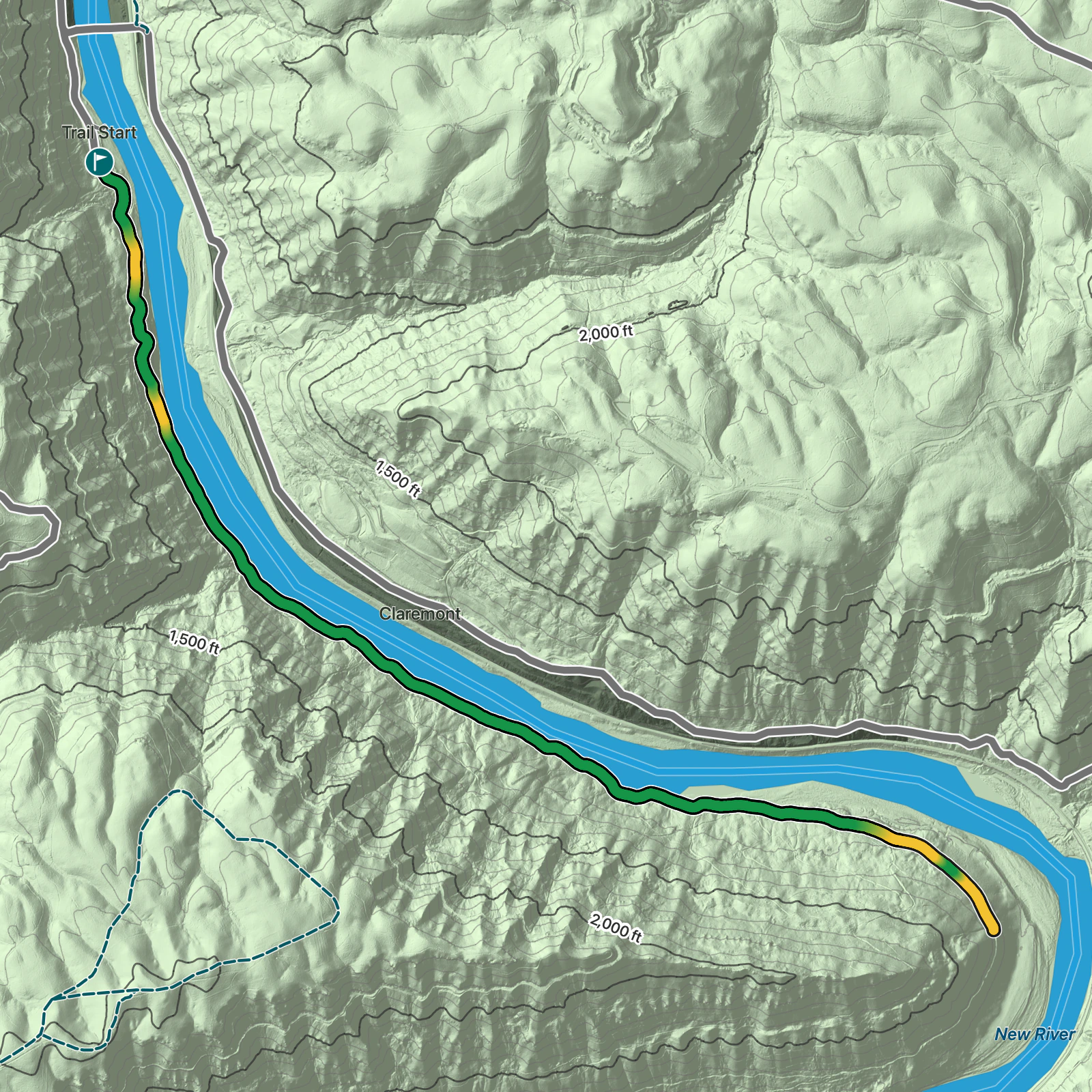 Terrain map of Stone Cliff Trail in New River Gorge National Park and Preserve