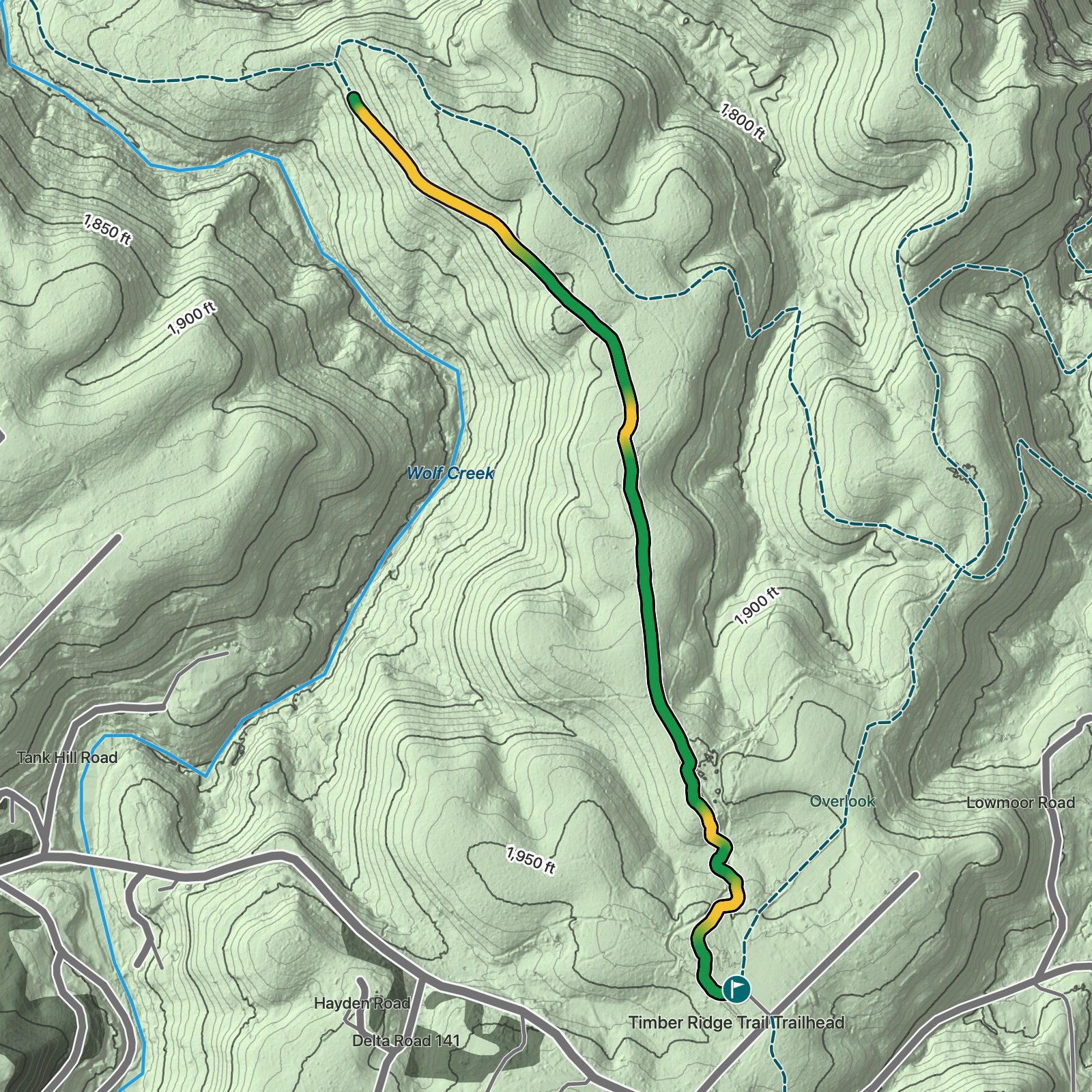 Terrain map of Timber Ridge Trail in New River Gorge National Park and Preserve