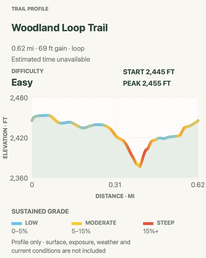 Elevation profile for Woodland Loop Trail in New River Gorge National Park and Preserve