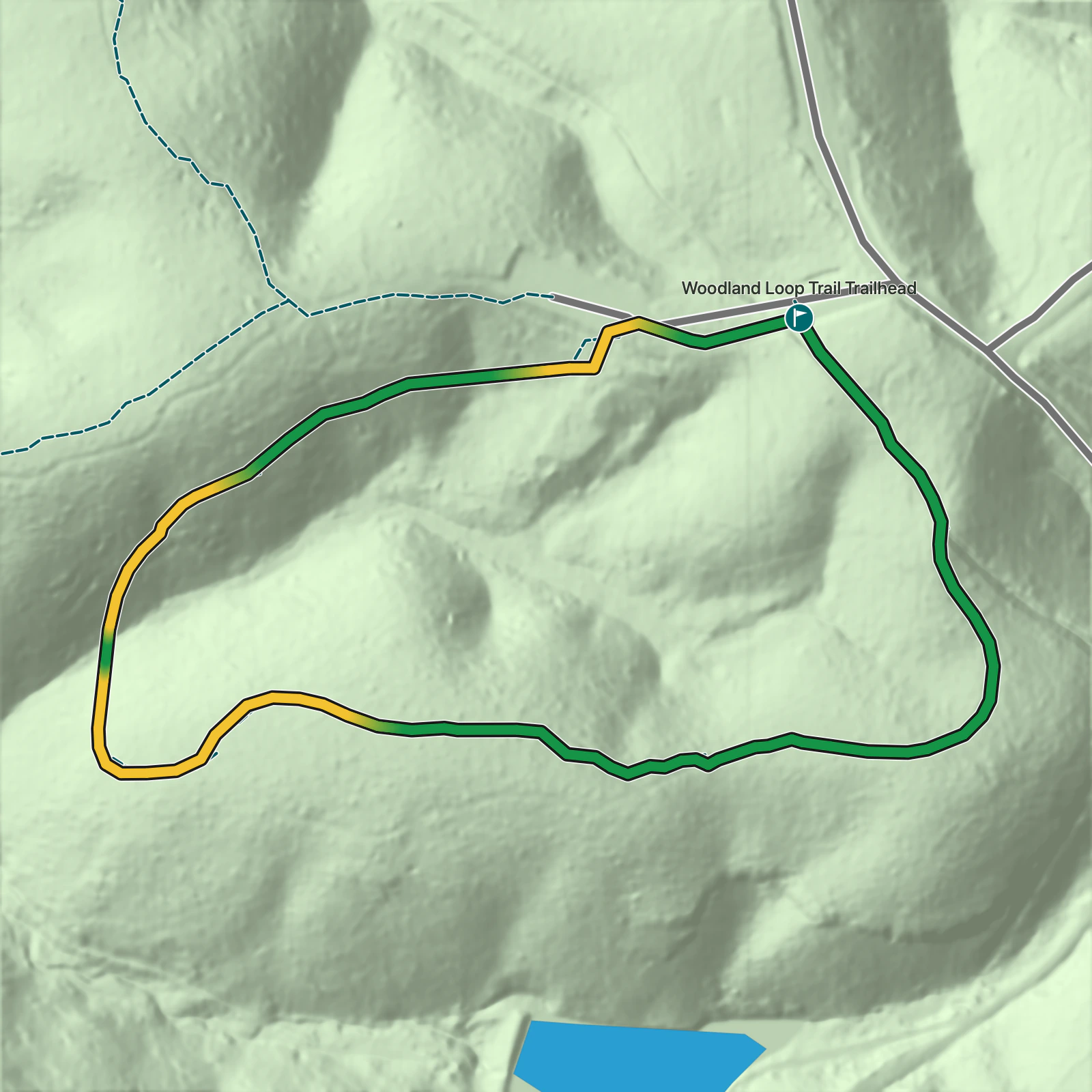 Terrain map of Woodland Loop Trail in New River Gorge National Park and Preserve