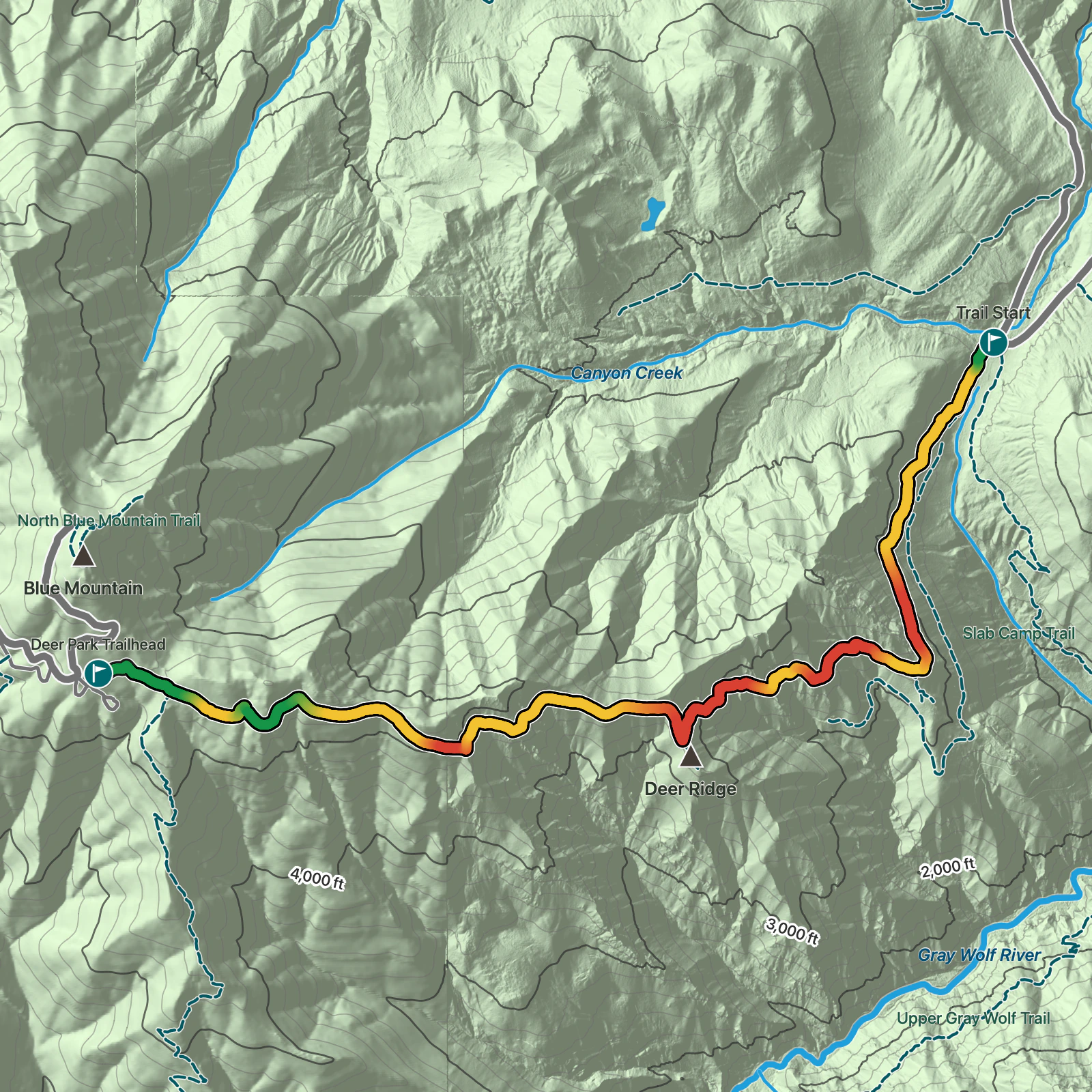 Terrain map of Deer Ridge Trail in Olympic National Park
