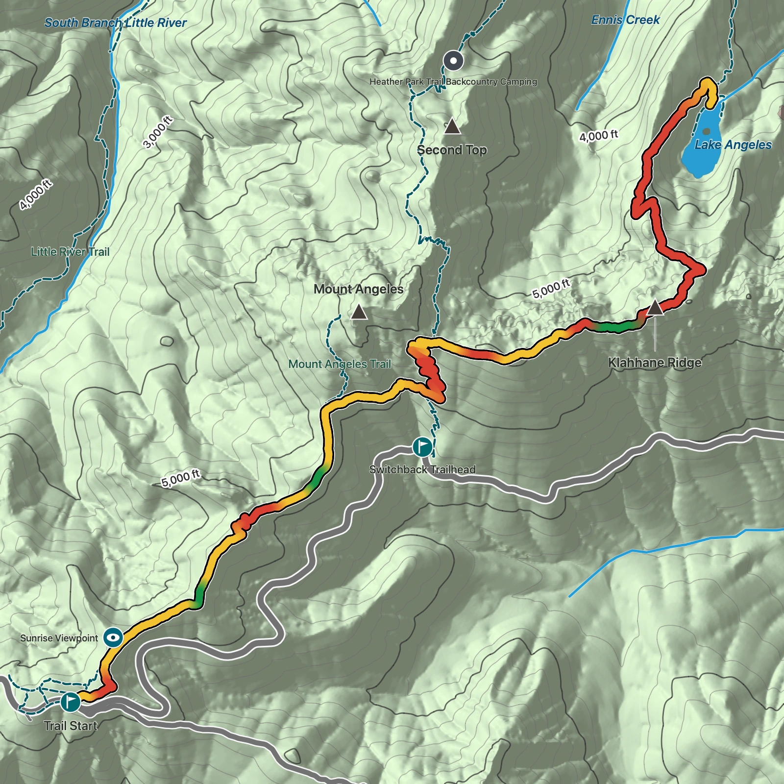 Terrain map of Klahhane Ridge to Lake Angeles in Olympic National Park