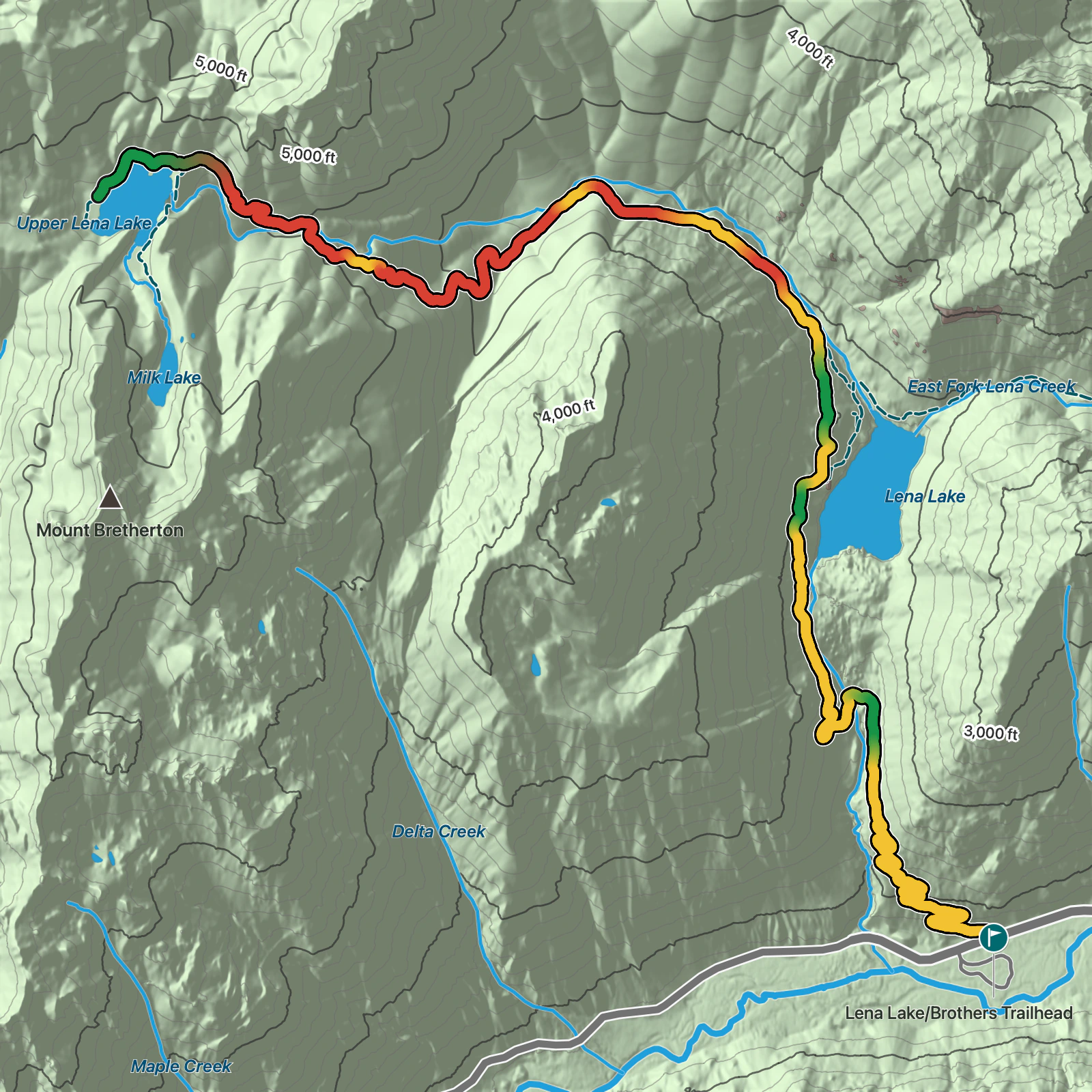 Terrain map of Lena Lake to Upper Lena Lake in Olympic National Park