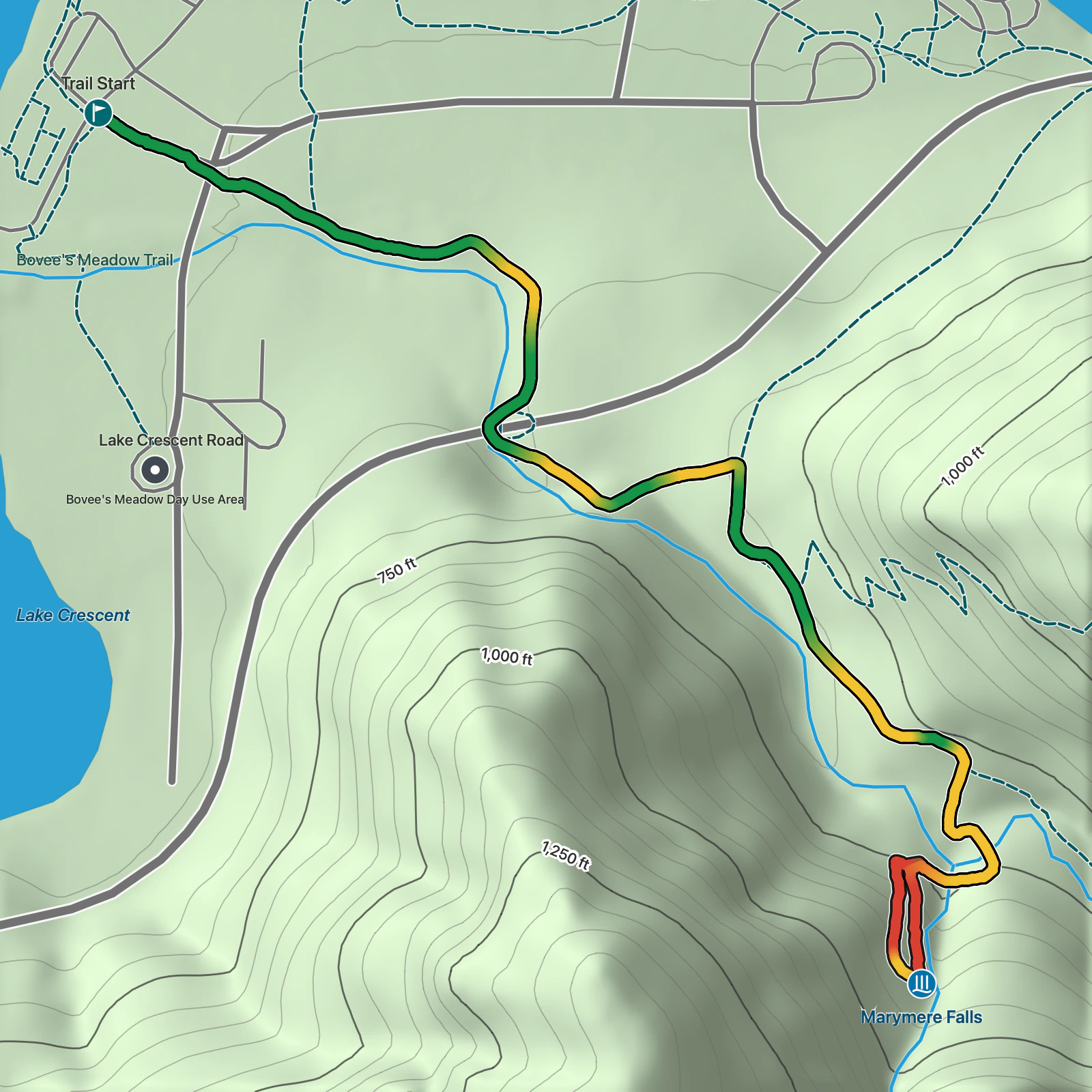 Terrain map of Marymere Falls from Lake Crescent Lodge in Olympic National Park