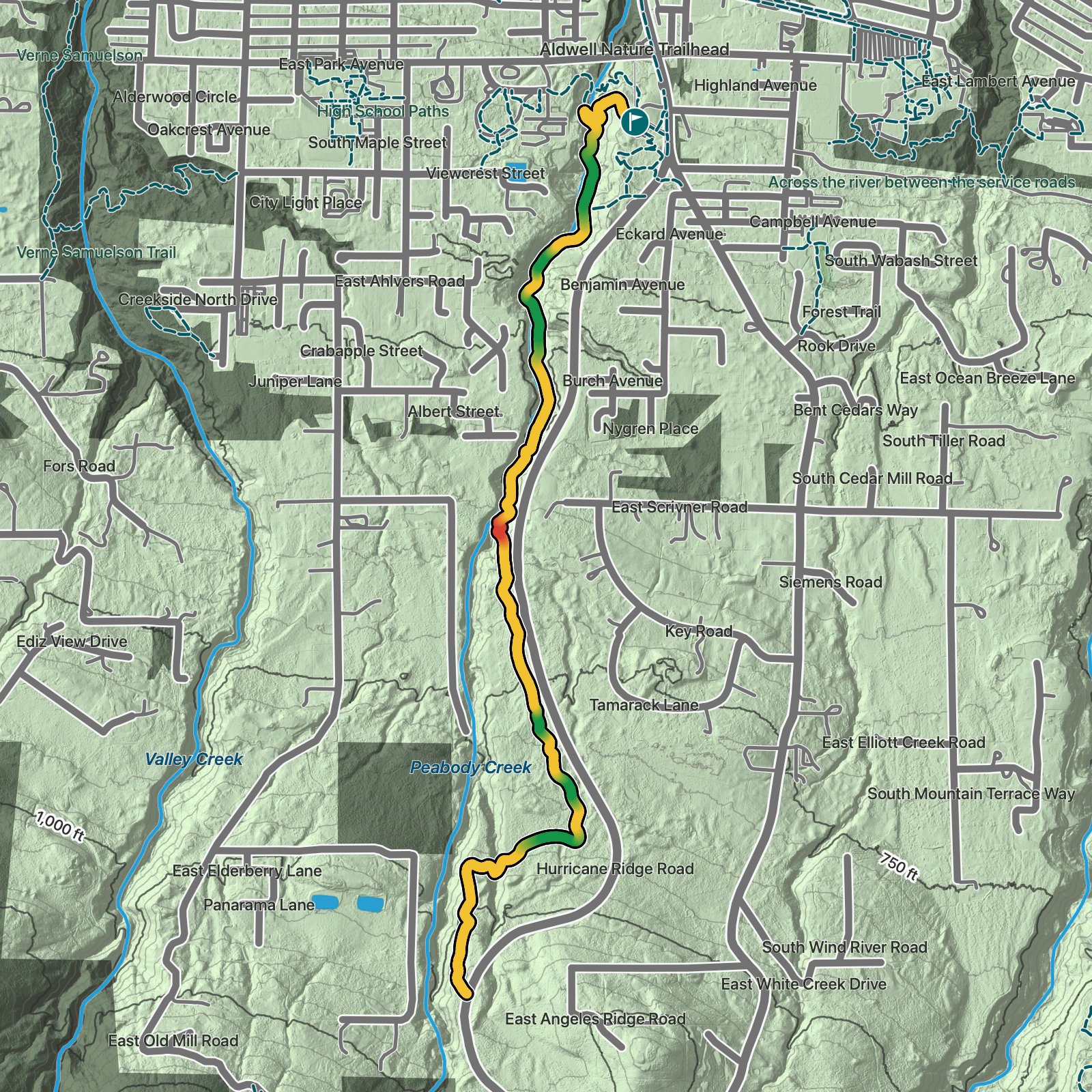 Terrain map of Peabody Creek Trail in Olympic National Park