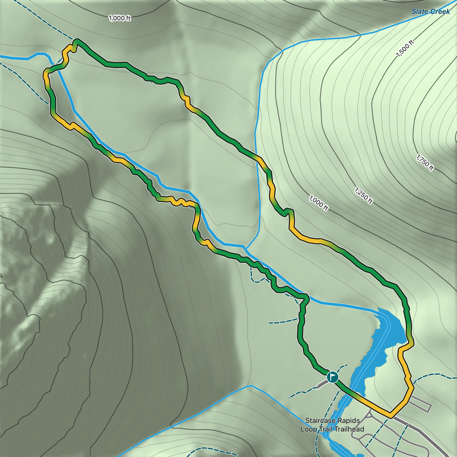 Terrain map of Staircase Rapids Loop Trail in Olympic National Park