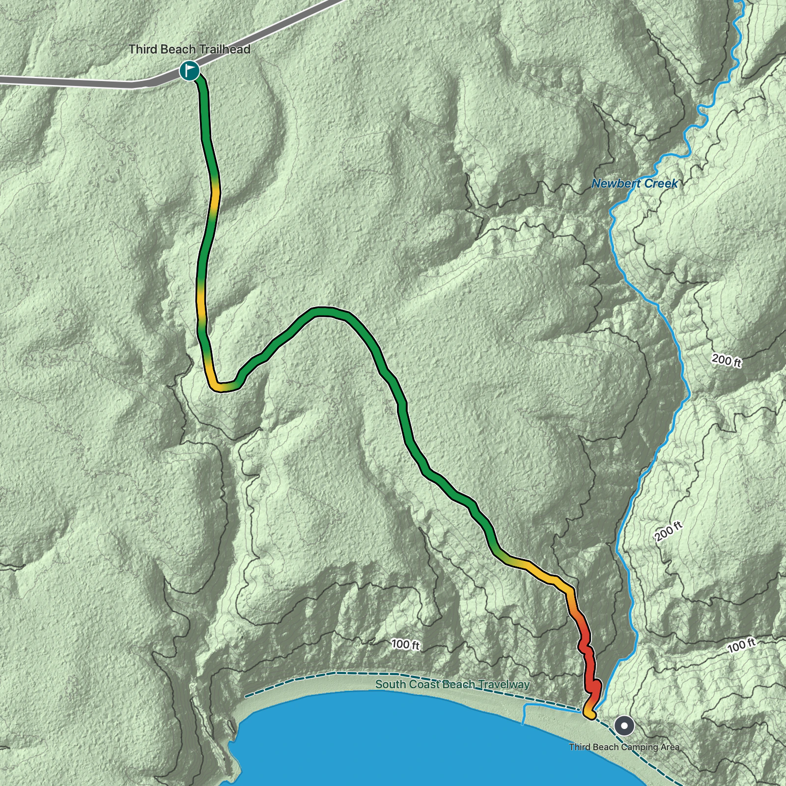 Terrain map of Third Beach Trail in Olympic National Park