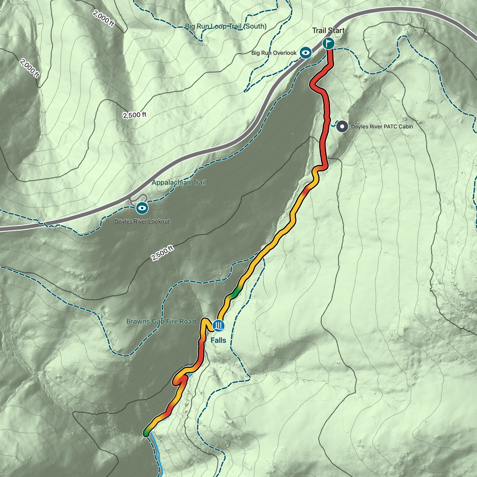 Terrain map of Doyles River Waterfalls Trail in Shenandoah National Park