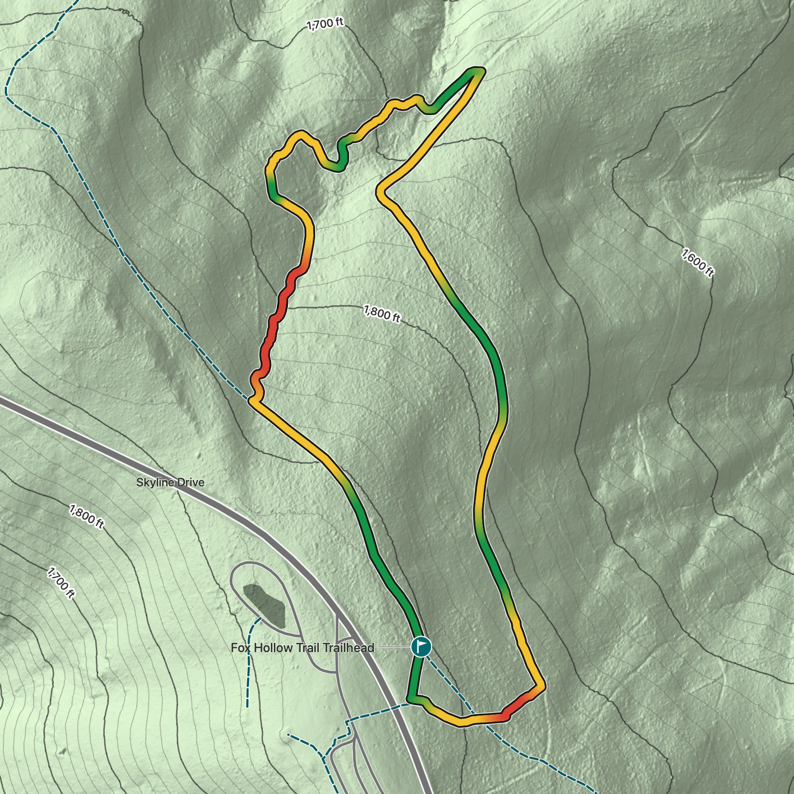 Terrain map of Fox Hollow Trail in Shenandoah National Park