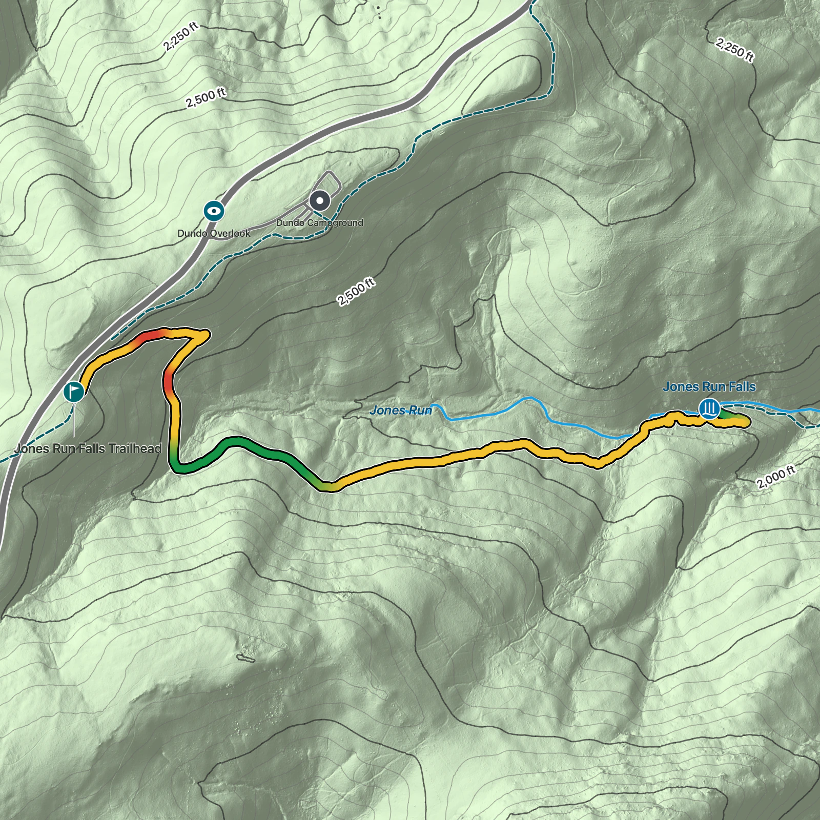 Terrain map of Jones Run Falls in Shenandoah National Park