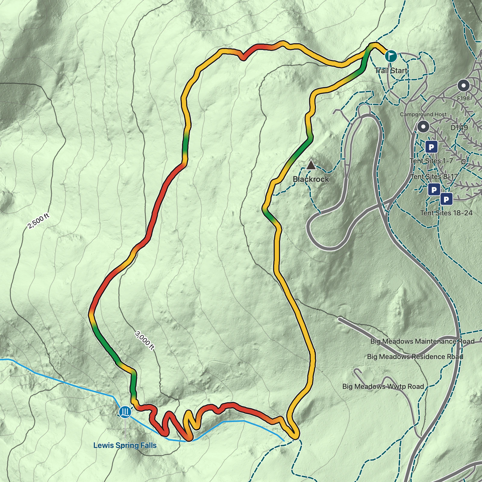 Terrain map of Lewis Spring Falls Trail in Shenandoah National Park