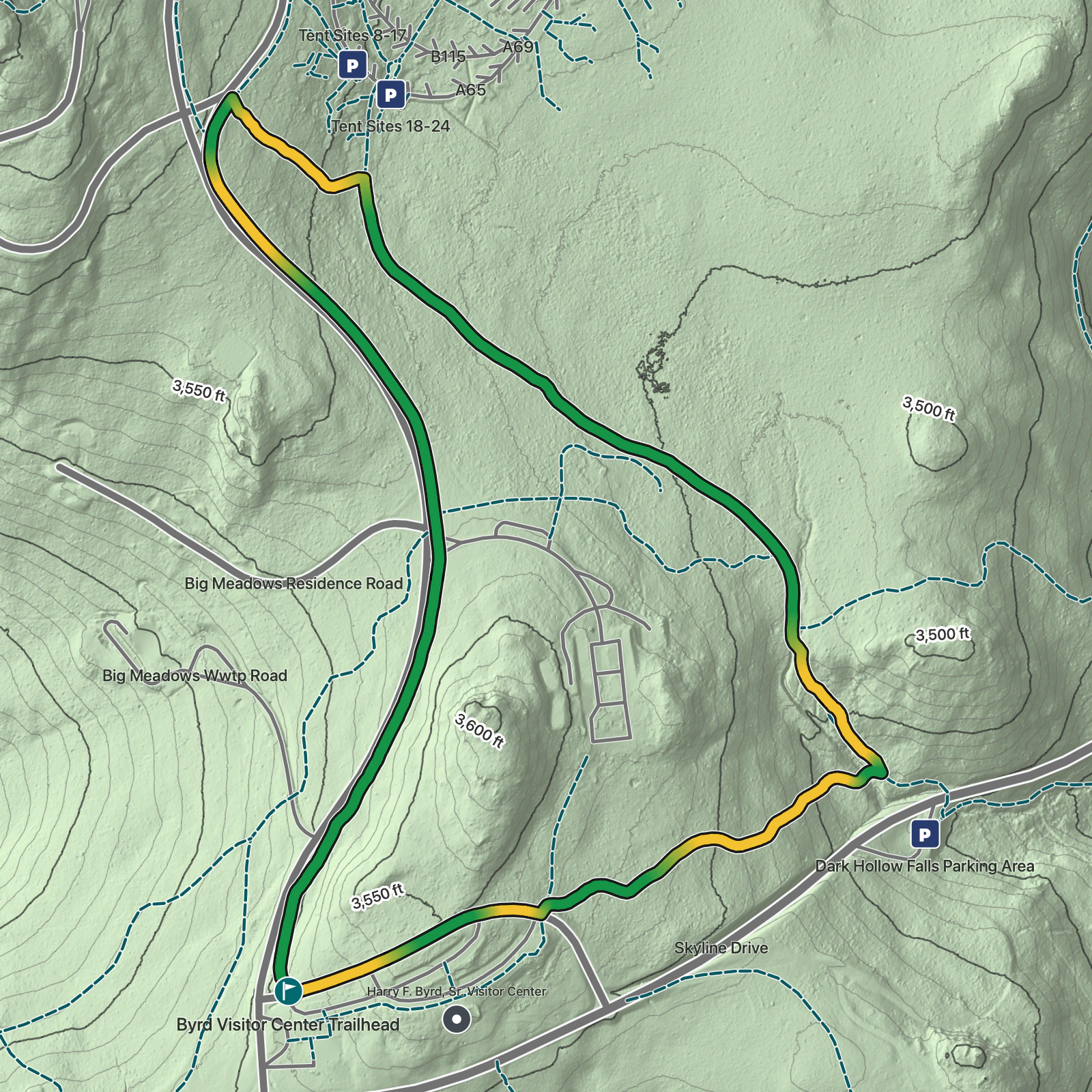 Terrain map of Story of the Forest Trail in Shenandoah National Park