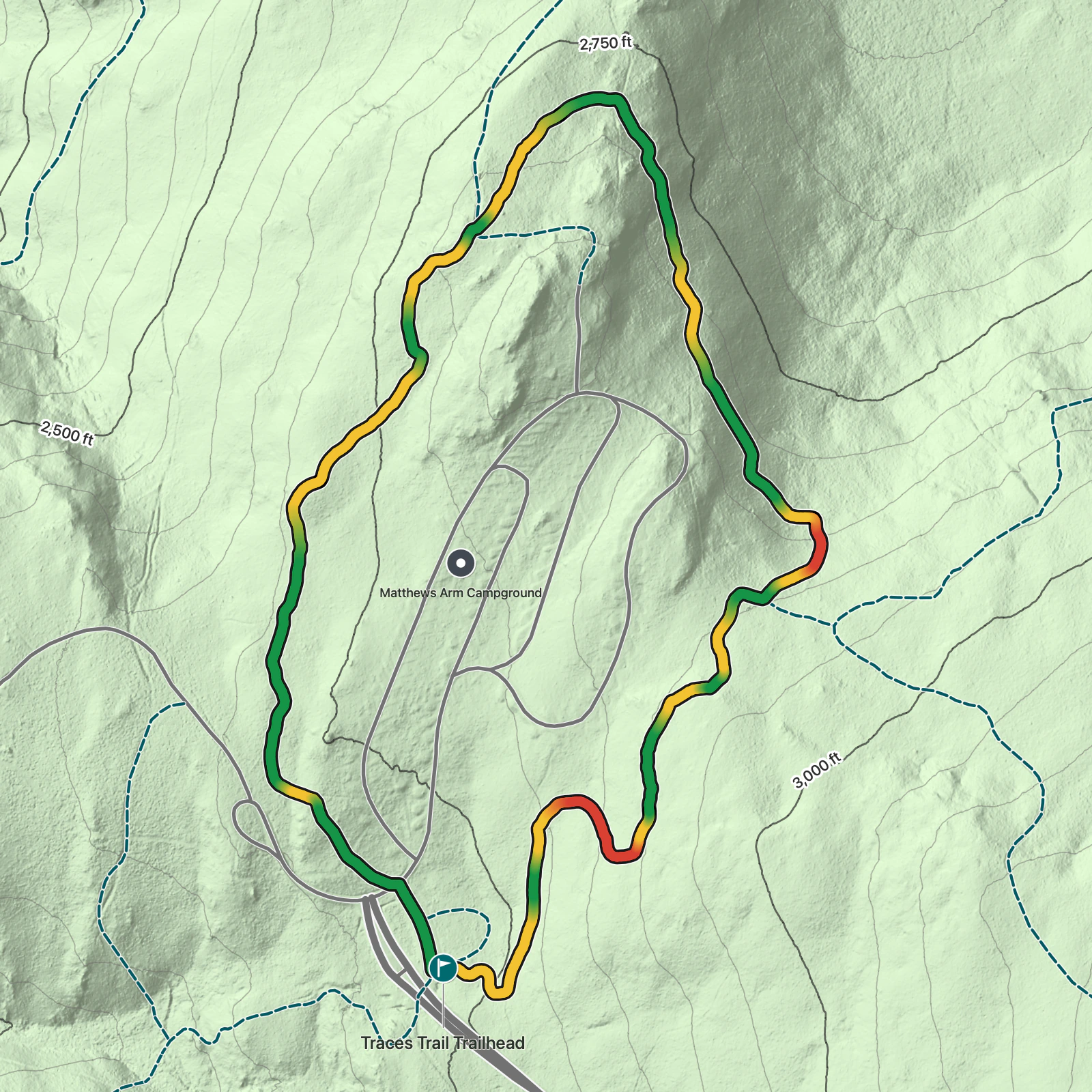 Terrain map of Traces Trail in Shenandoah National Park