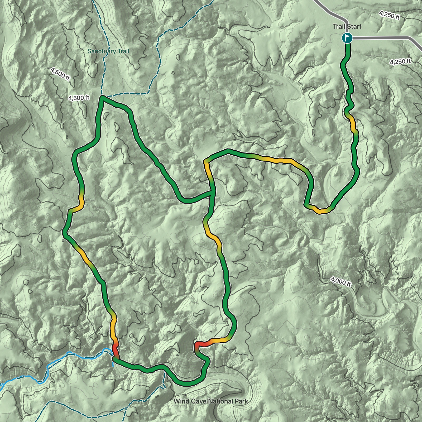 Terrain map of Highland Creek and Centennial Trail Loop in Wind Cave National Park
