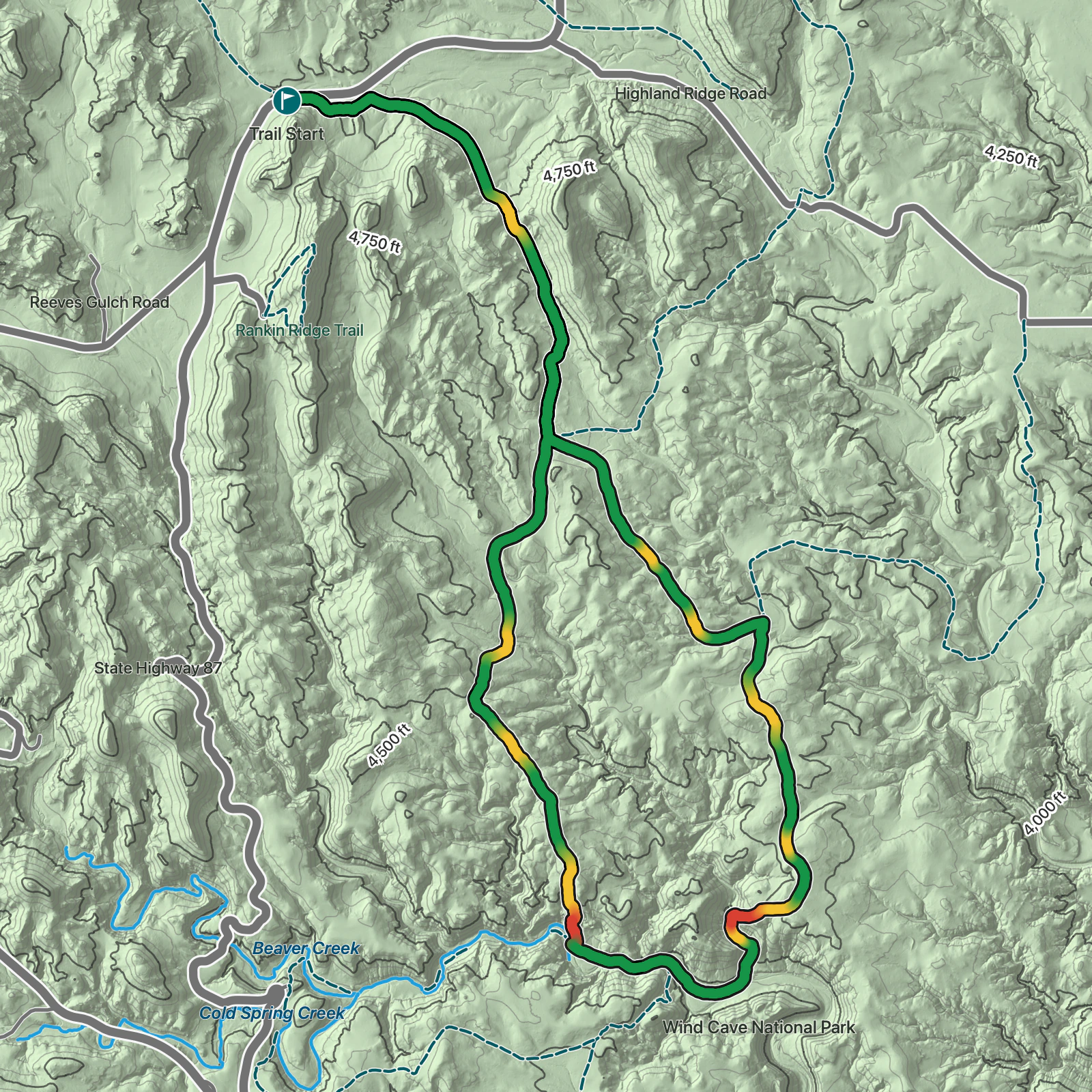 Terrain map of Sanctuary and Centennial Trail Loop in Wind Cave National Park
