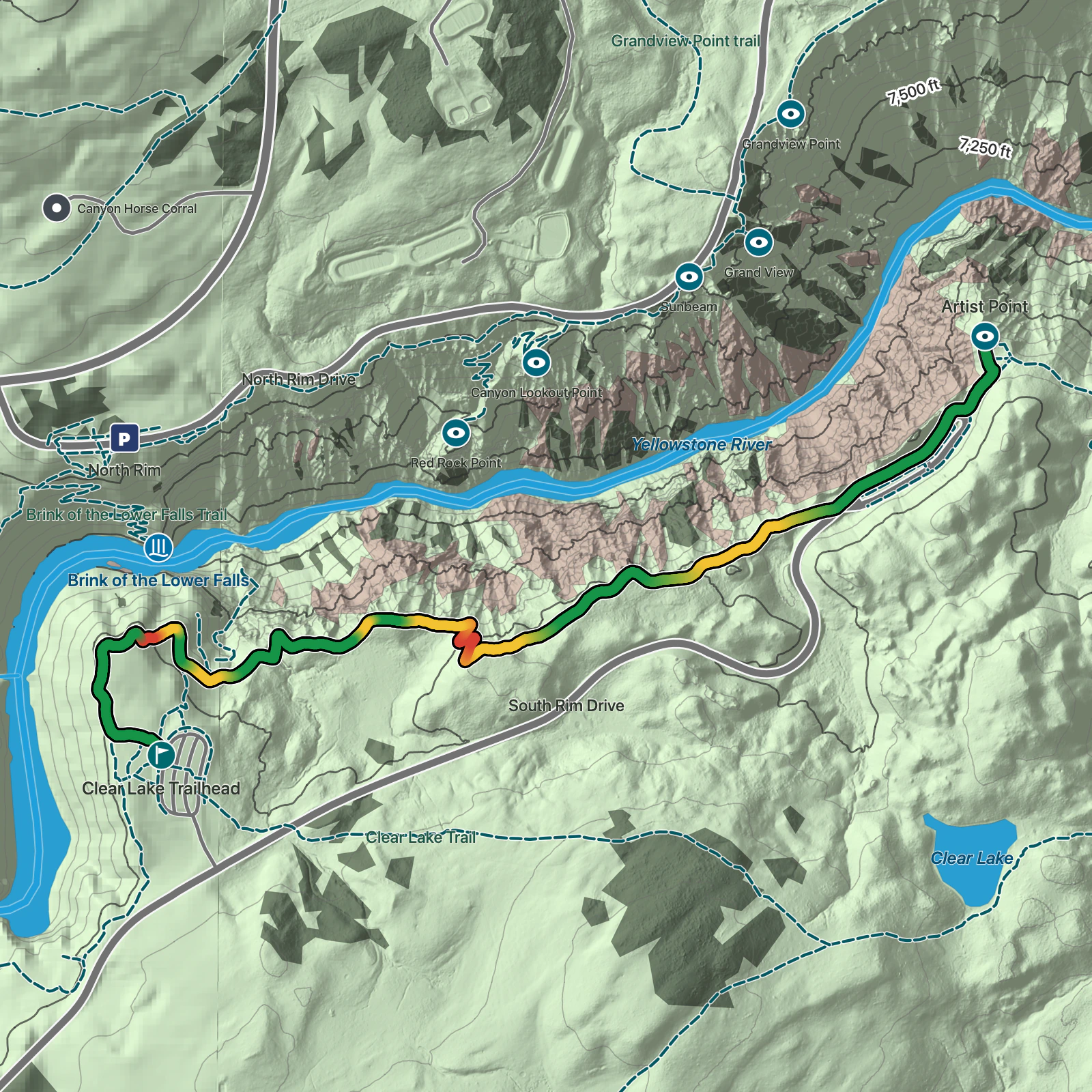Terrain map of Artist Point via South Rim Trail in Yellowstone National Park