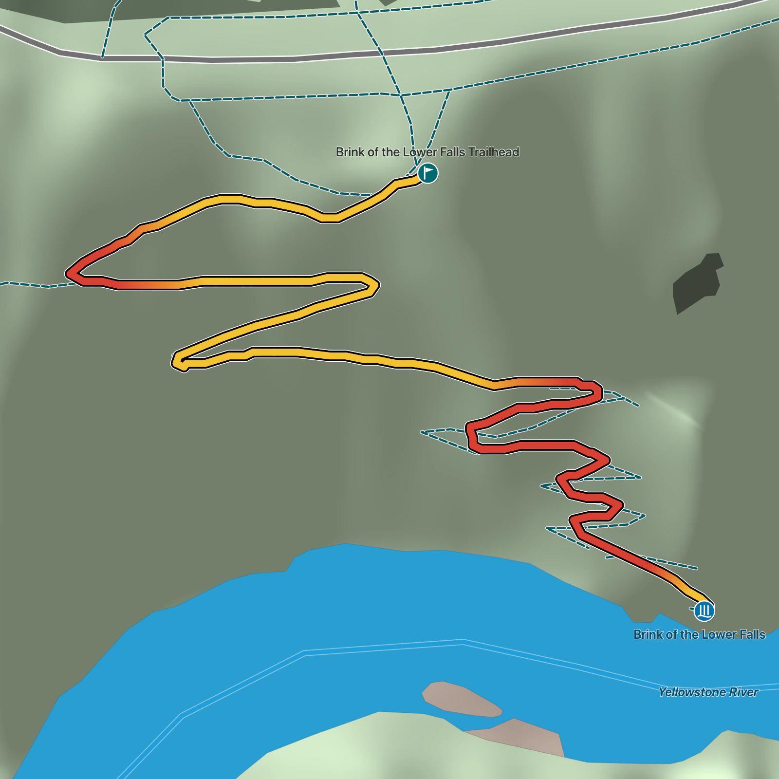 Terrain map of Brink of the Lower Falls Trail in Yellowstone National Park