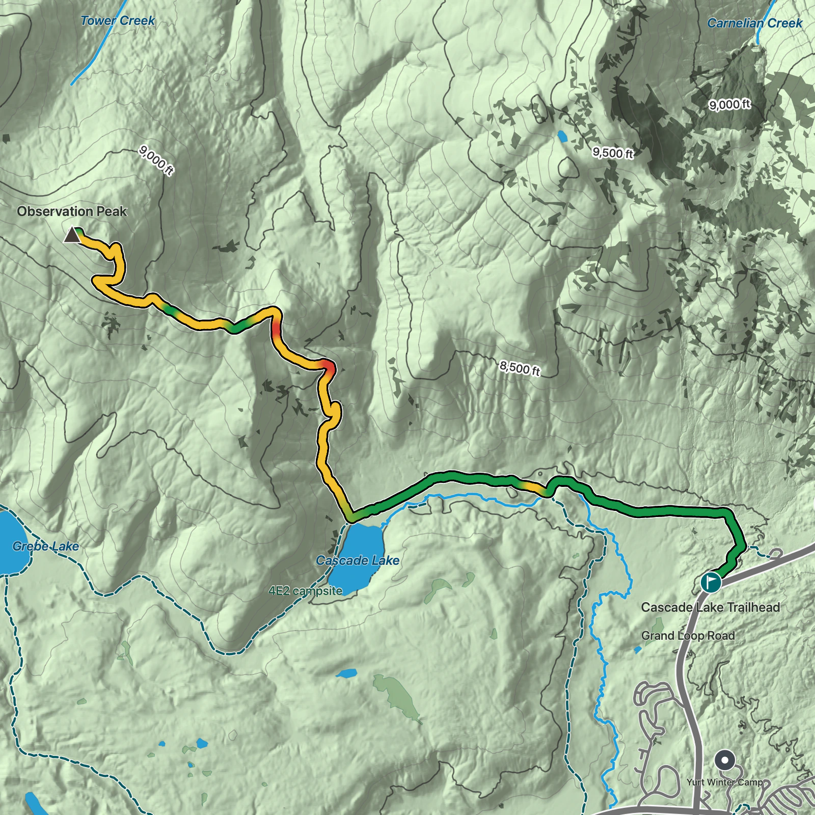 Terrain map of Cascade Lake to Observation Peak in Yellowstone National Park