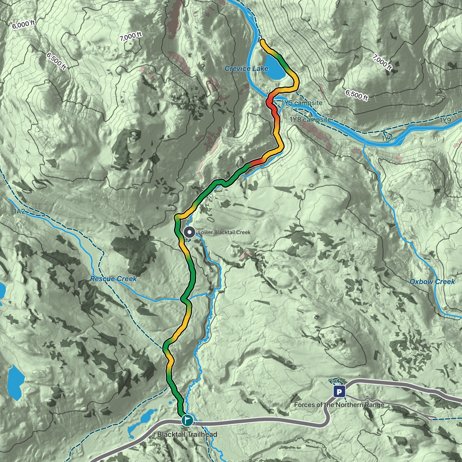 Terrain map of Crevice Lake via Blacktail Deer Creek Trail in Yellowstone National Park