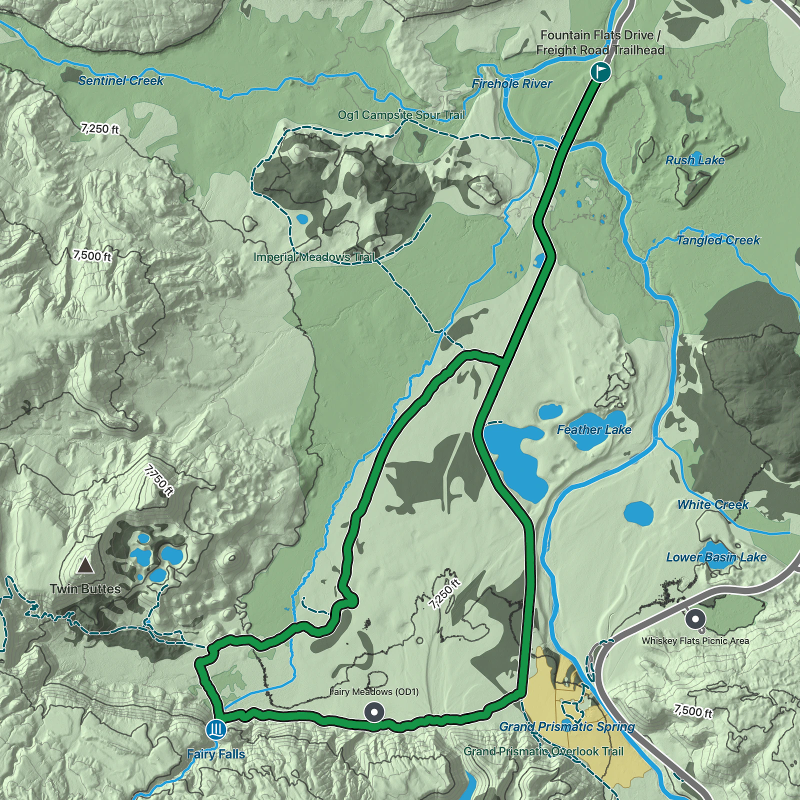 Terrain map of Fairy Falls Lollipop Trail in Yellowstone National Park