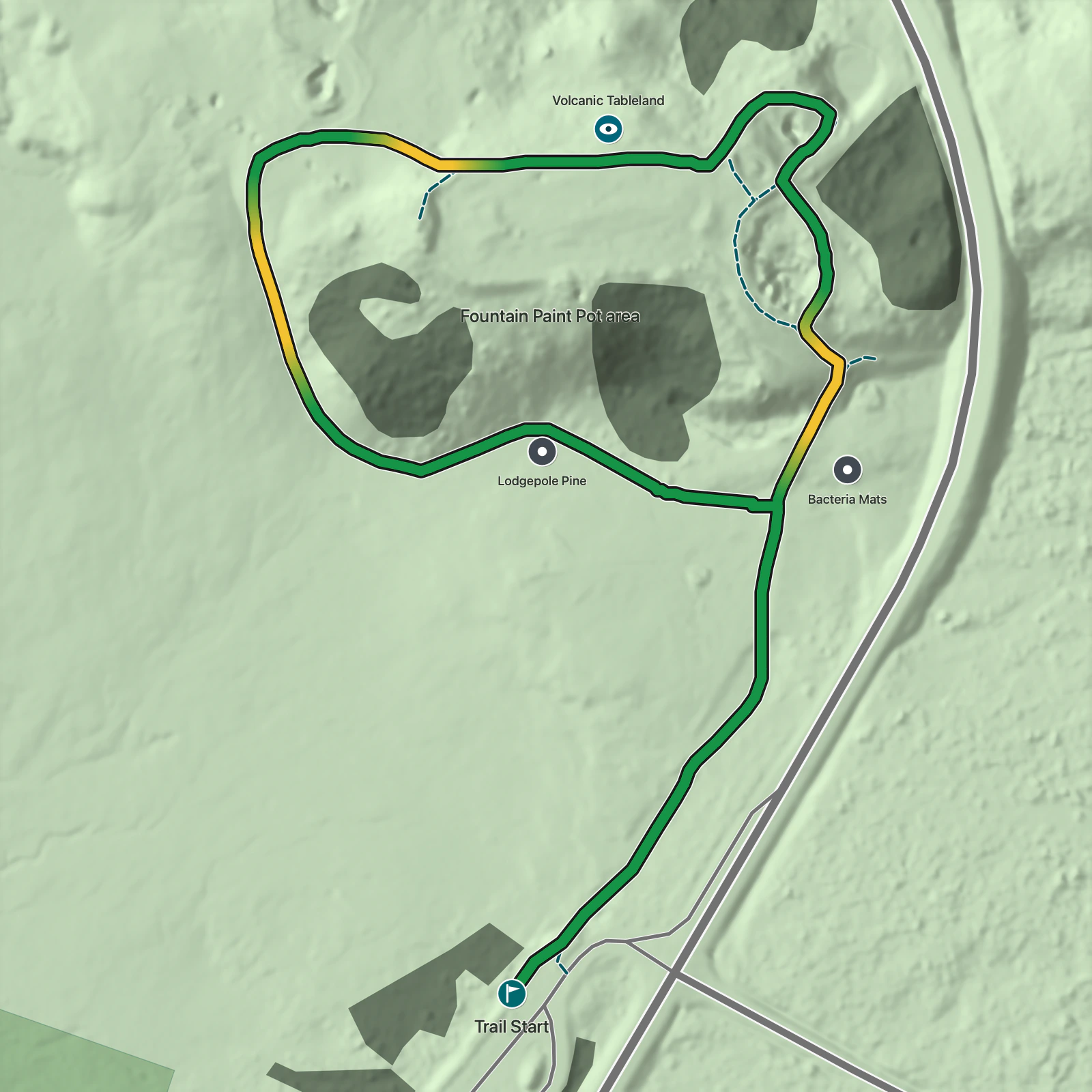 Terrain map of Fountain Paint Pot Trail in Yellowstone National Park