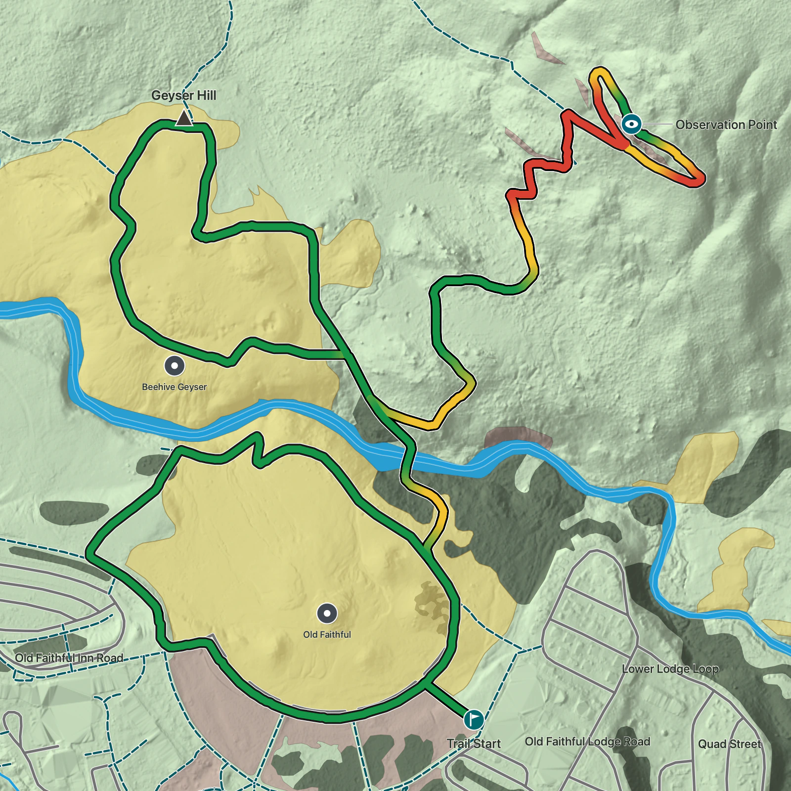 Terrain map of Geyser Hill and Observation Point Loop in Yellowstone National Park