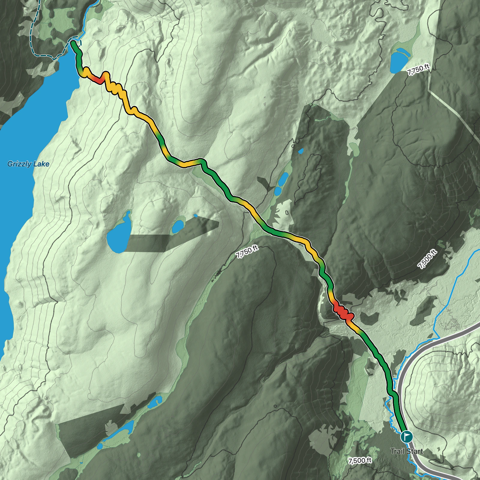 Terrain map of Grizzly Lake Trail in Yellowstone National Park
