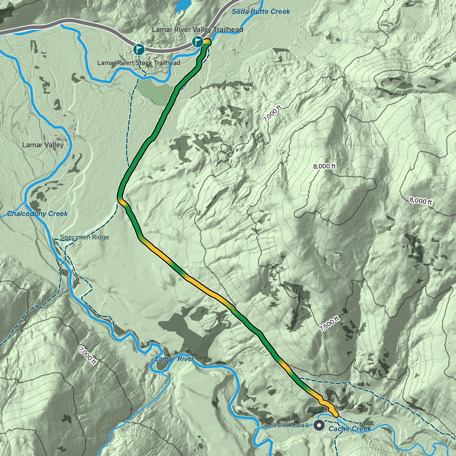 Terrain map of Lamar Valley Trail in Yellowstone National Park