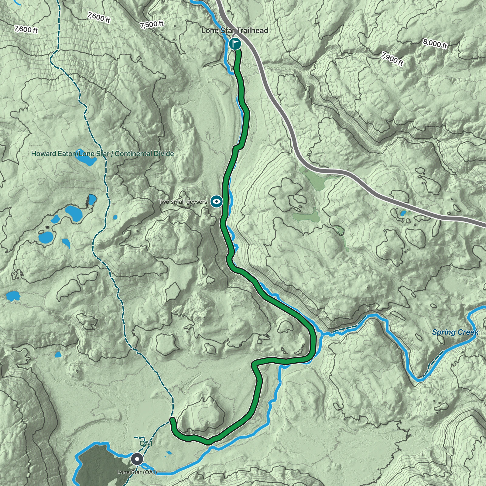Terrain map of Lone Star Geyser Trail in Yellowstone National Park