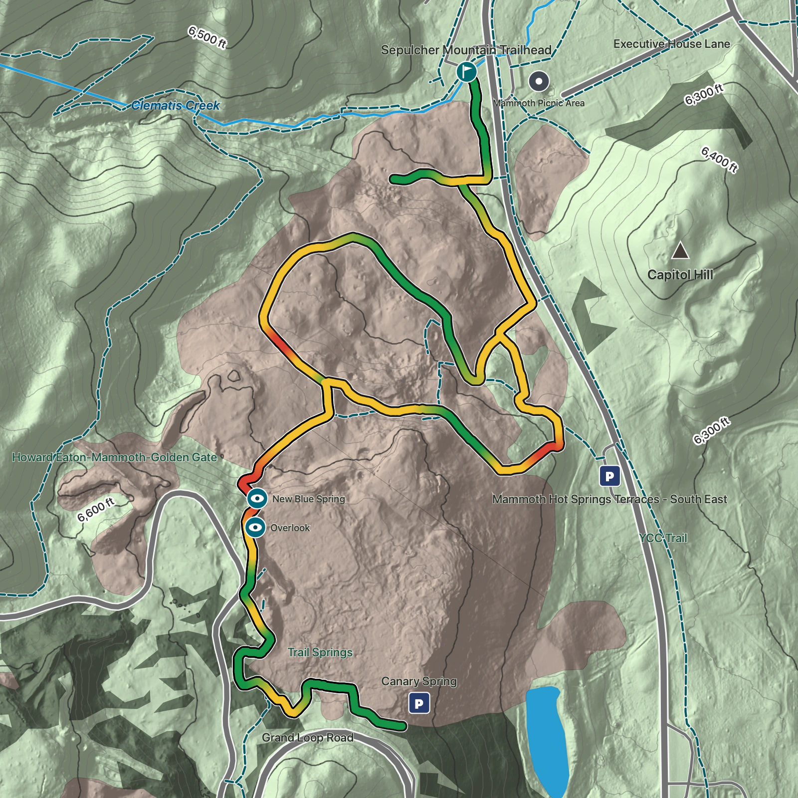 Terrain map of Mammoth Hot Springs Terraces in Yellowstone National Park