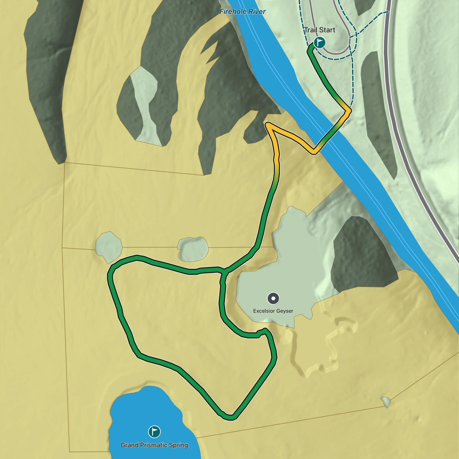 Terrain map of Midway Geyser Basin Trail in Yellowstone National Park