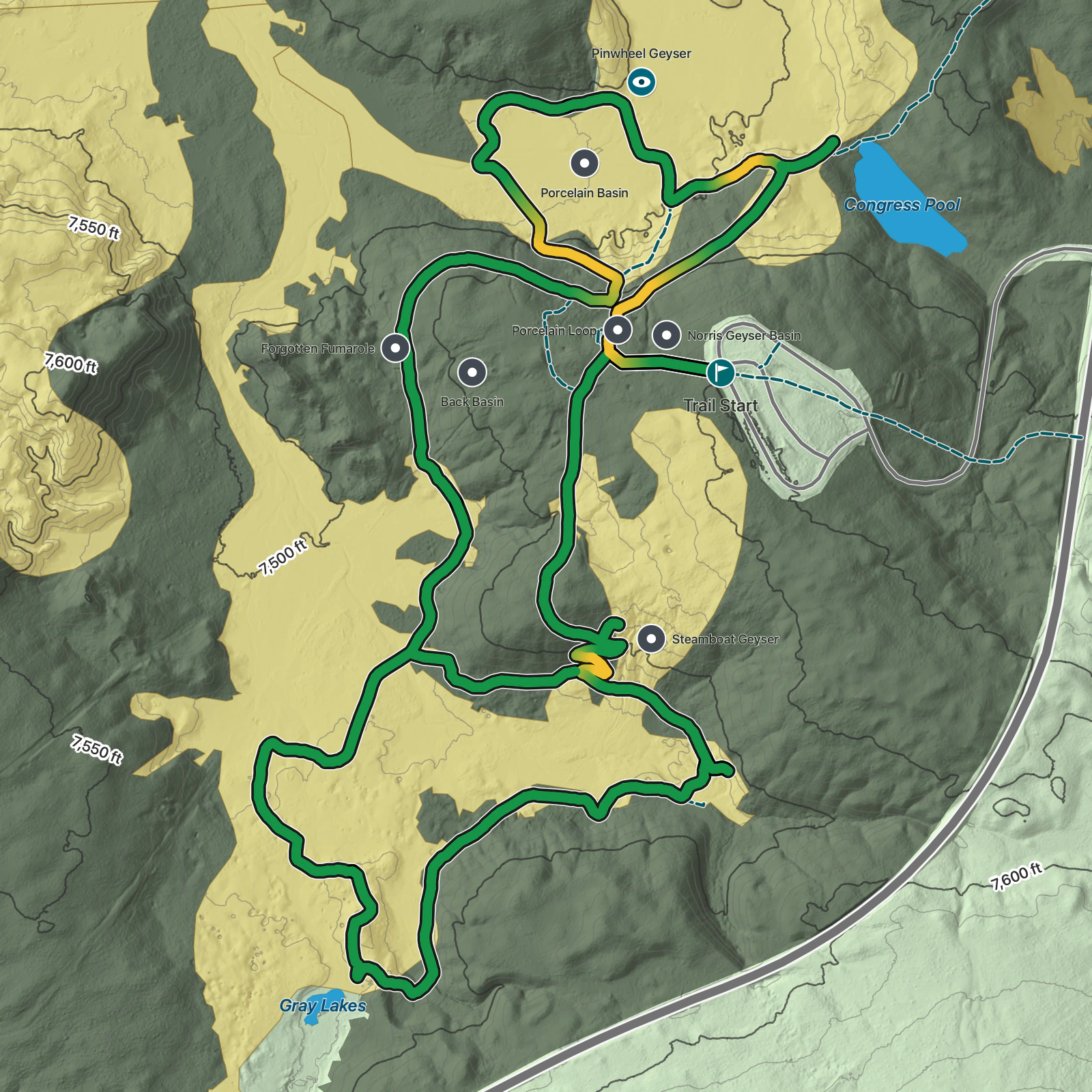 Terrain map of Norris Geyser Basin Complete Loop in Yellowstone National Park