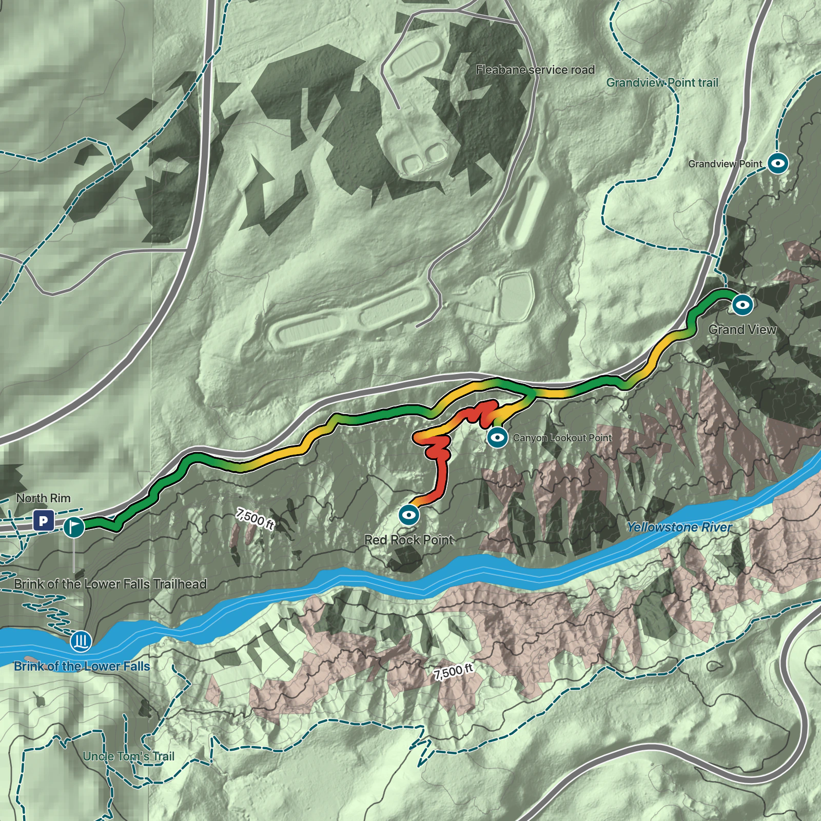 Terrain map of North Rim Trail in Yellowstone National Park