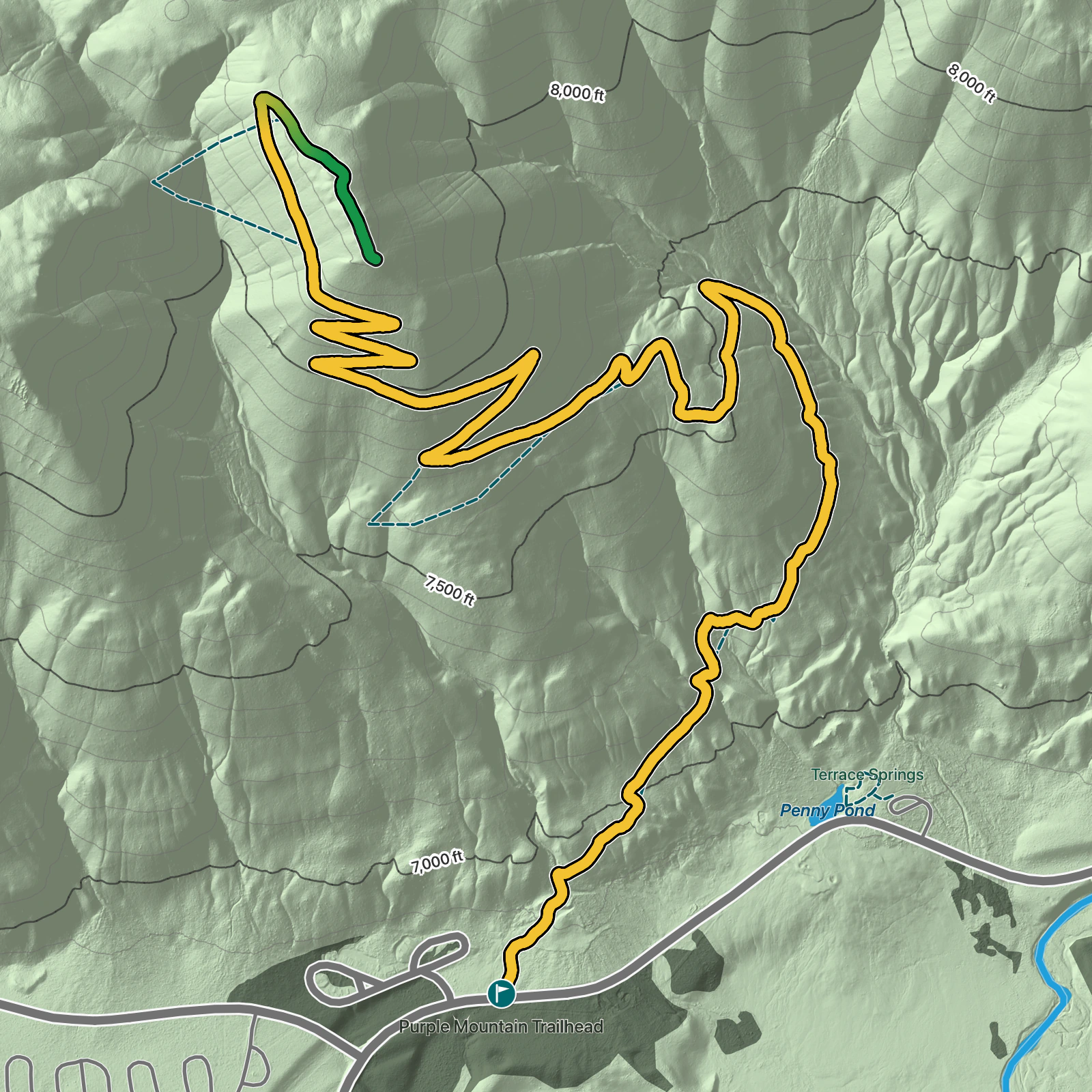 Terrain map of Purple Mountain Trail in Yellowstone National Park