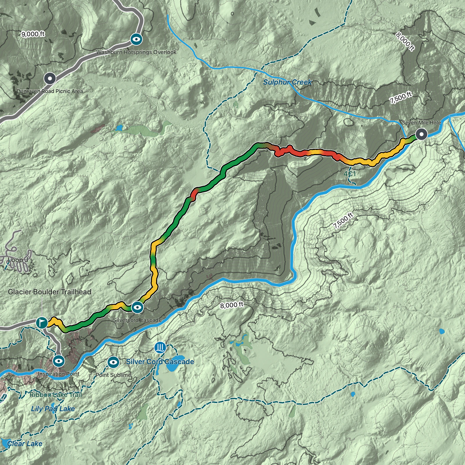 Terrain map of Seven Mile Hole Trail in Yellowstone National Park