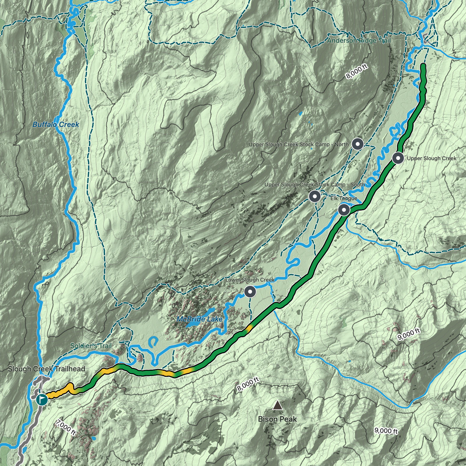 Terrain map of Slough Creek Trail in Yellowstone National Park