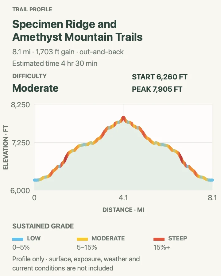 Elevation profile for Specimen Ridge and Amethyst Mountain Trails in Yellowstone National Park