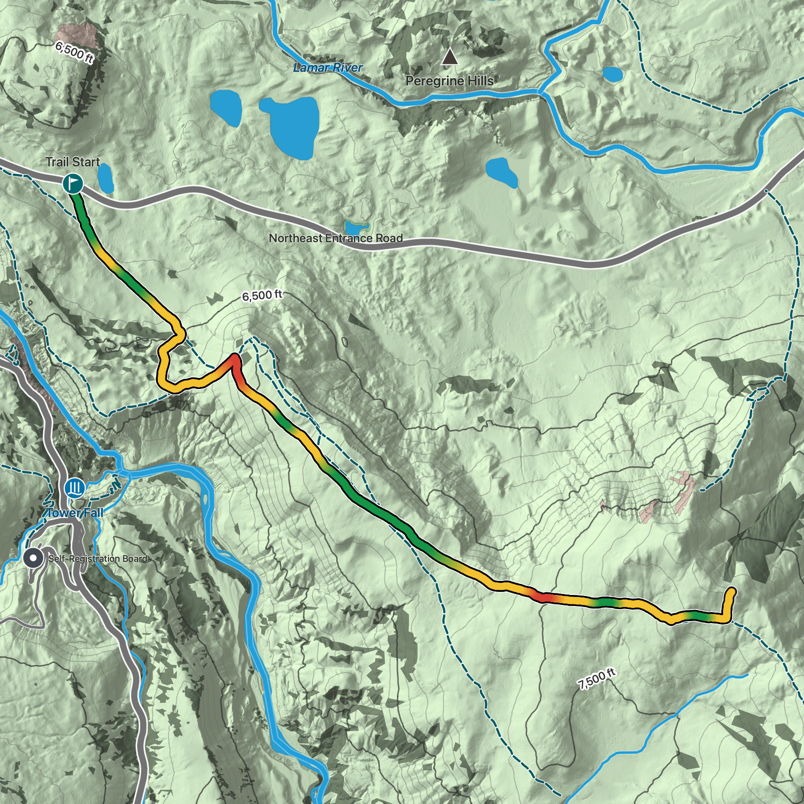 Terrain map of Specimen Ridge and Amethyst Mountain Trails in Yellowstone National Park