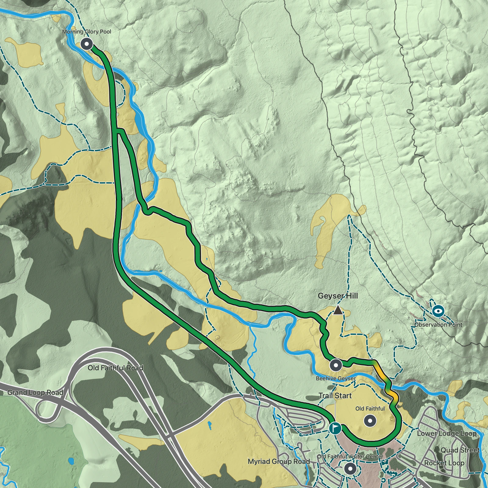 Terrain map of Upper Geyser Basin Loop in Yellowstone National Park