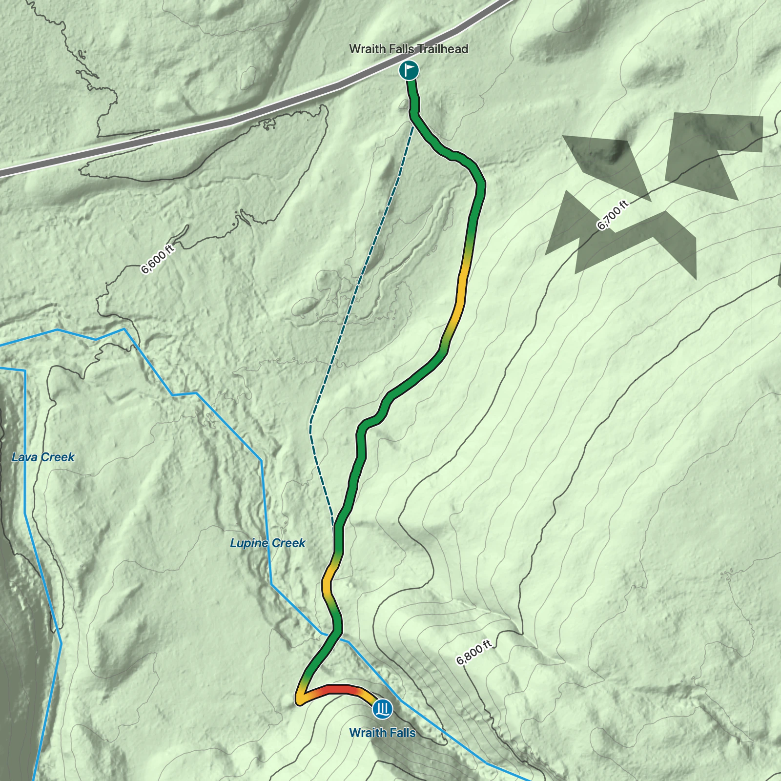 Terrain map of Wraith Falls in Yellowstone National Park