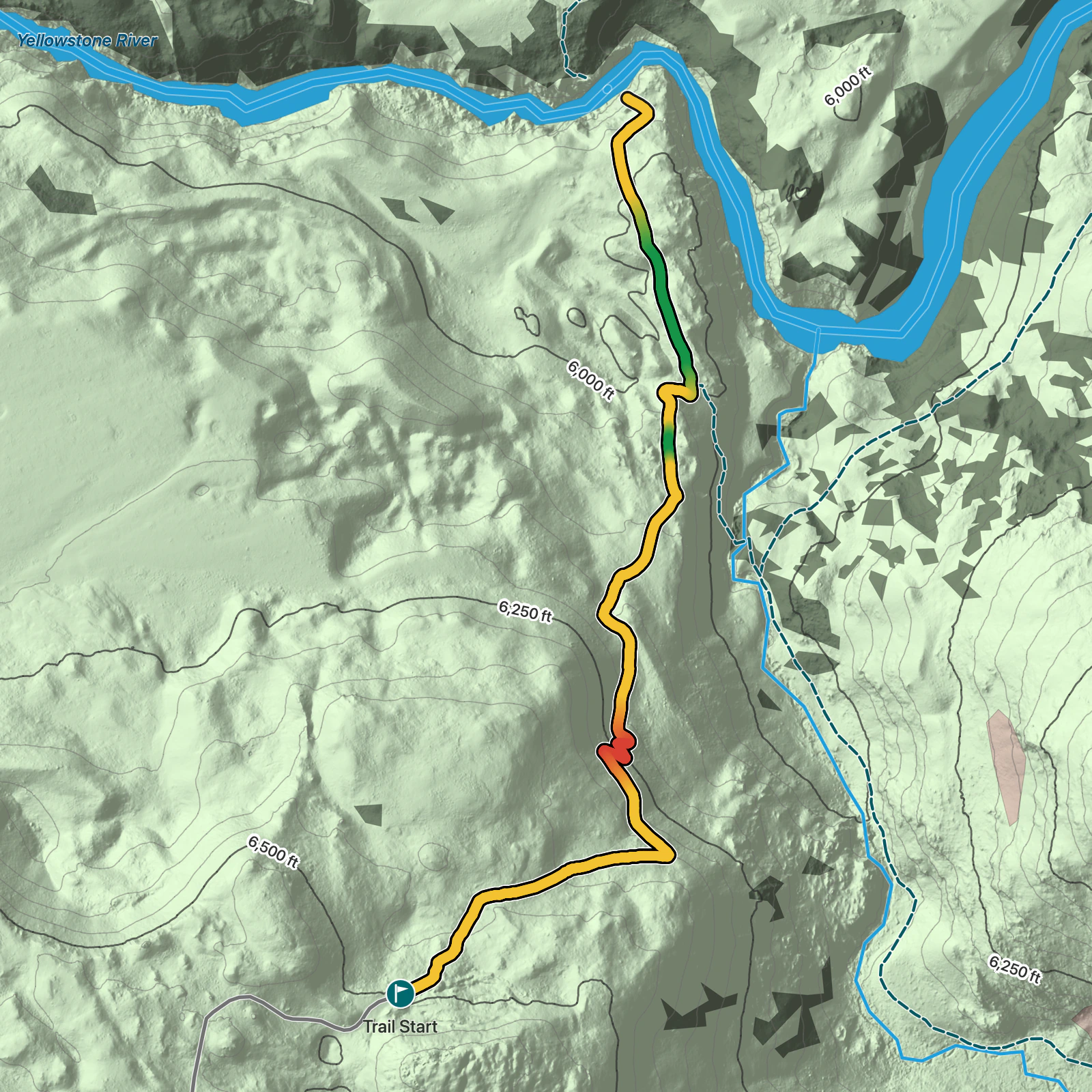 Terrain map of Yellowstone River via Hellroaring Creek Trail in Yellowstone National Park