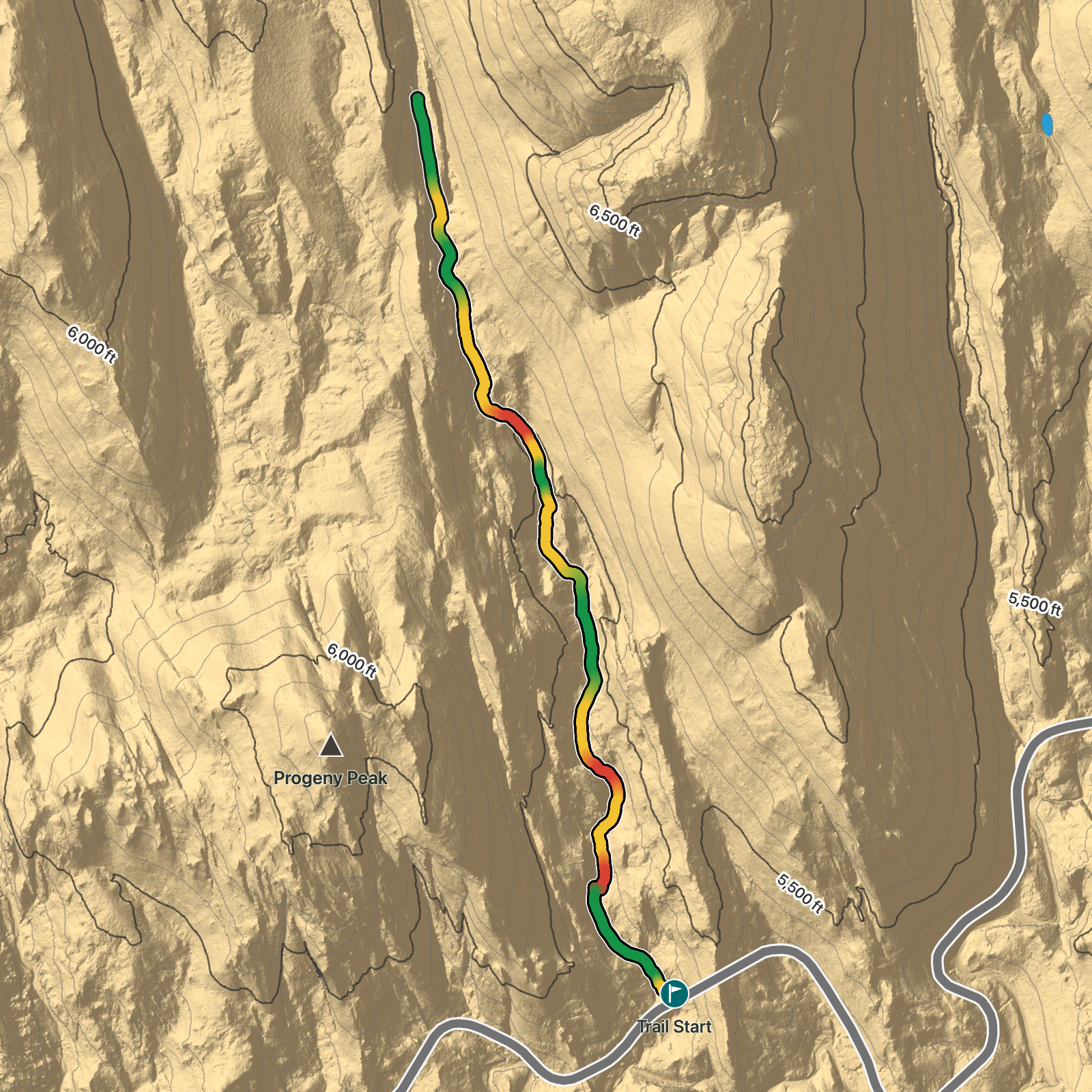 Terrain map of Cascade Falls Route in Zion National Park